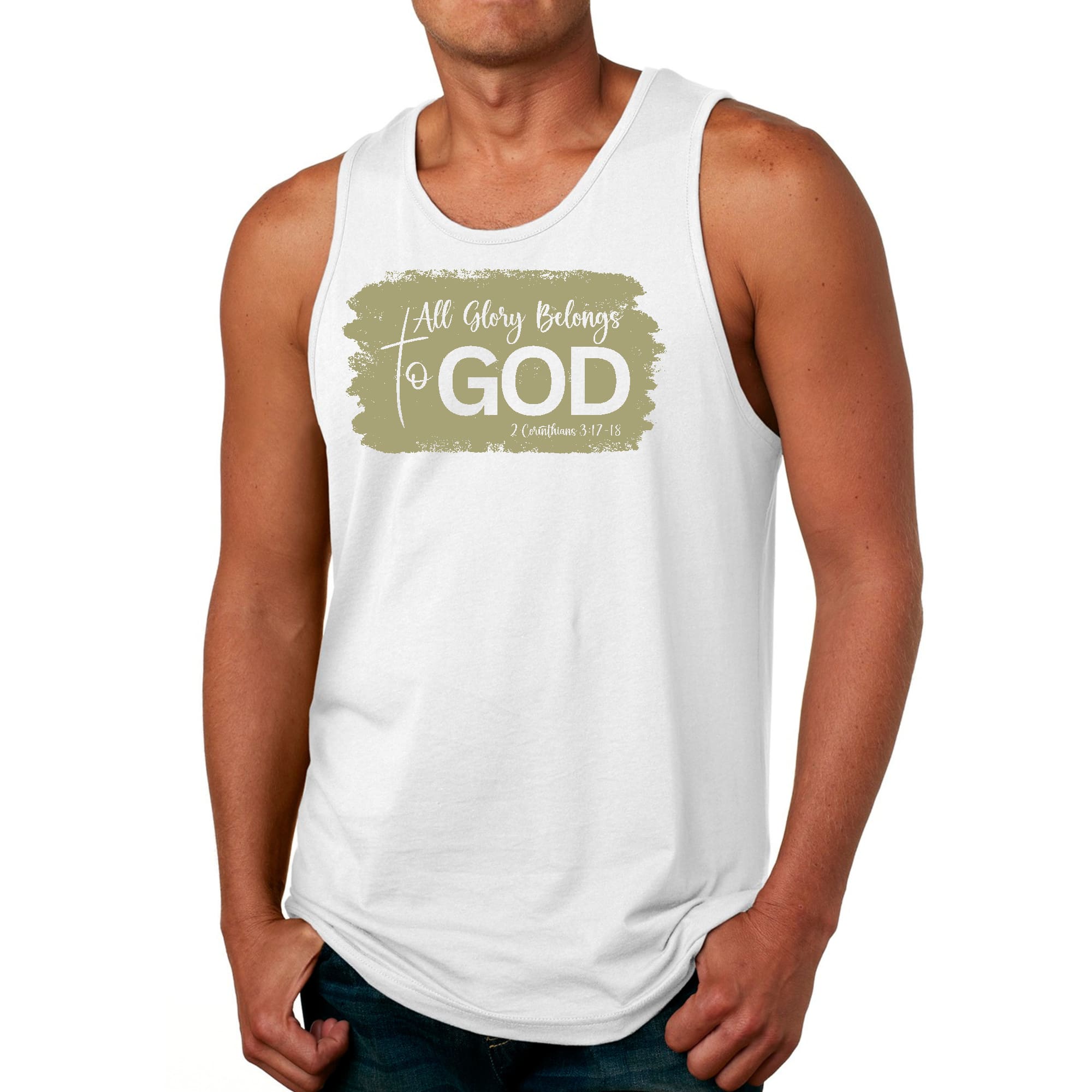 Mens Fitness Tank Top Graphic T-shirt All Glory Belongs to God - Olive