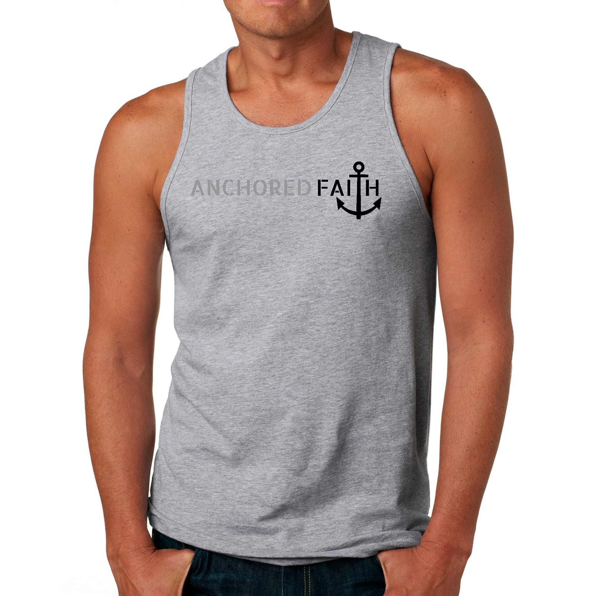 Mens Fitness Tank Top Graphic T-shirt Anchored Faith Grey and Black