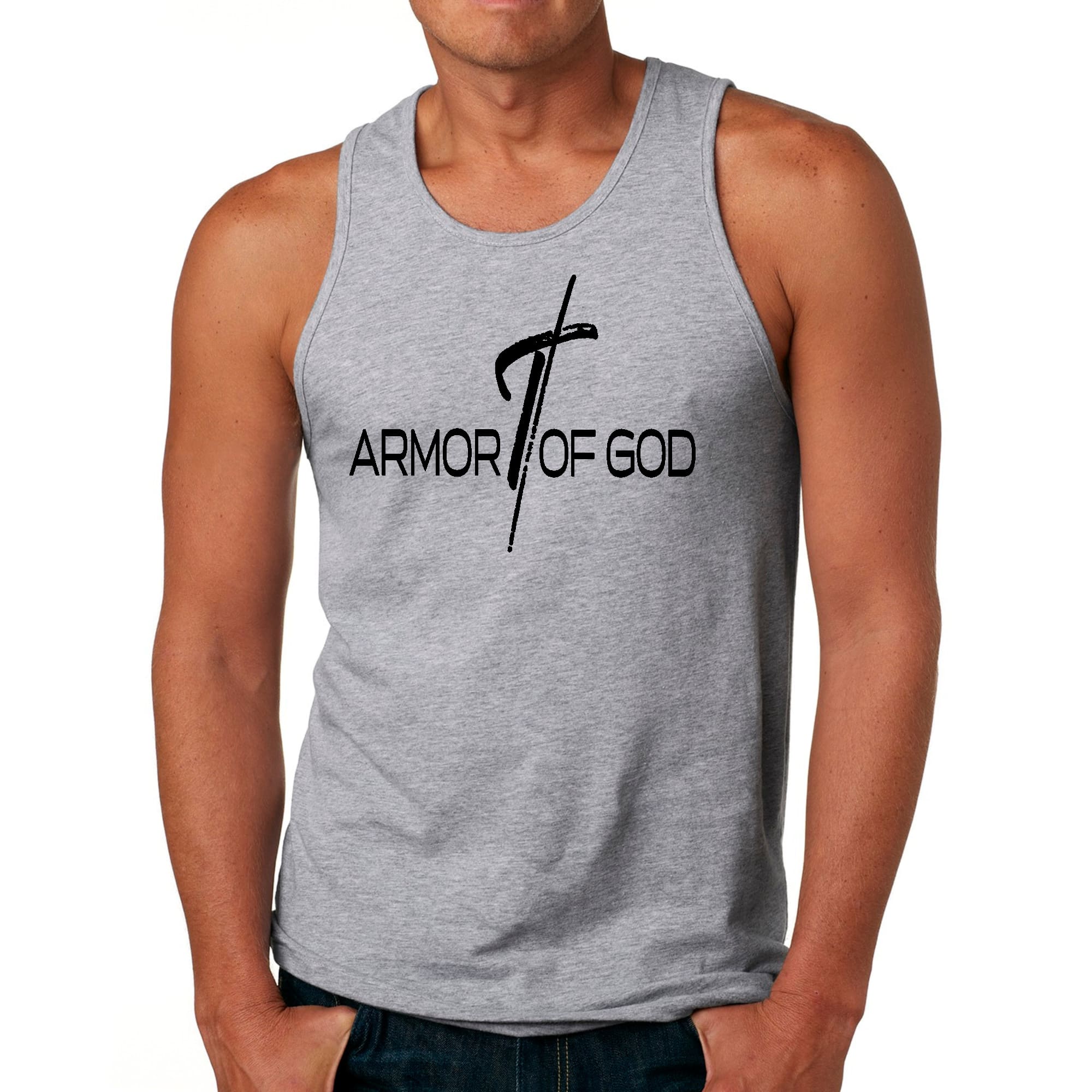 Mens Fitness Tank Top Graphic T-shirt Armor of God Black Illustration