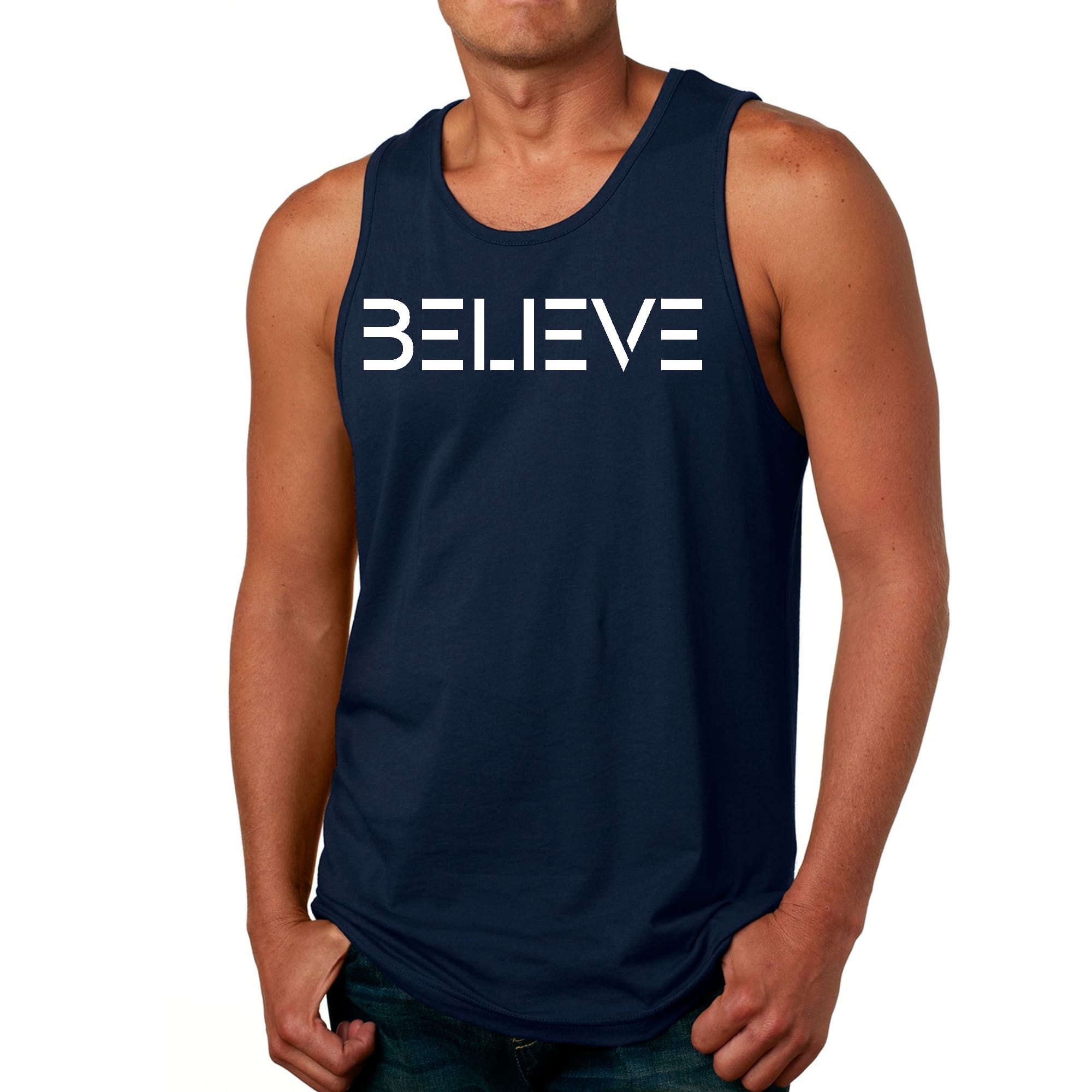 Mens Fitness Tank Top Graphic T-shirt Believe White Print