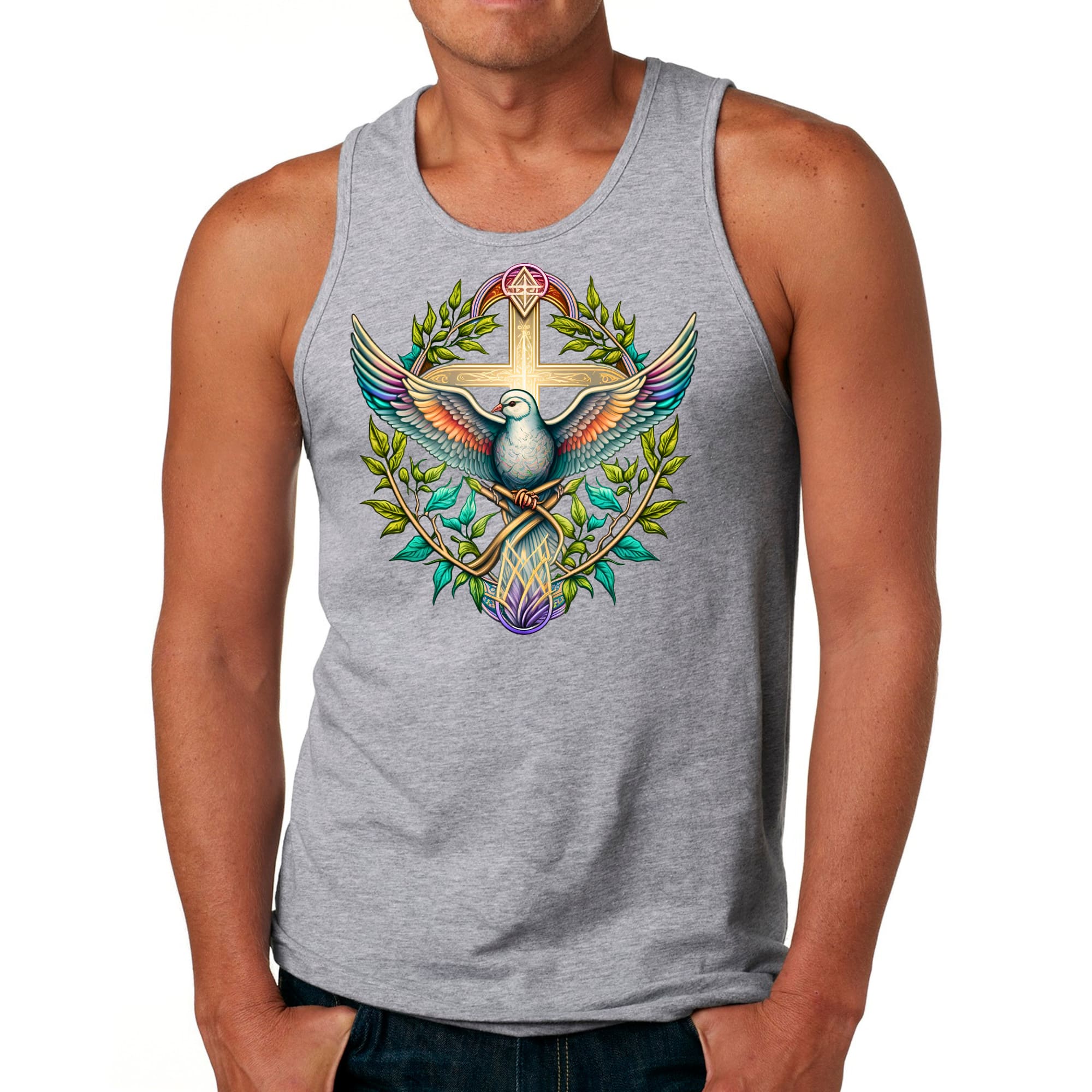 Mens Fitness Tank Top Graphic T-shirt Blue Green Multicolor Dove