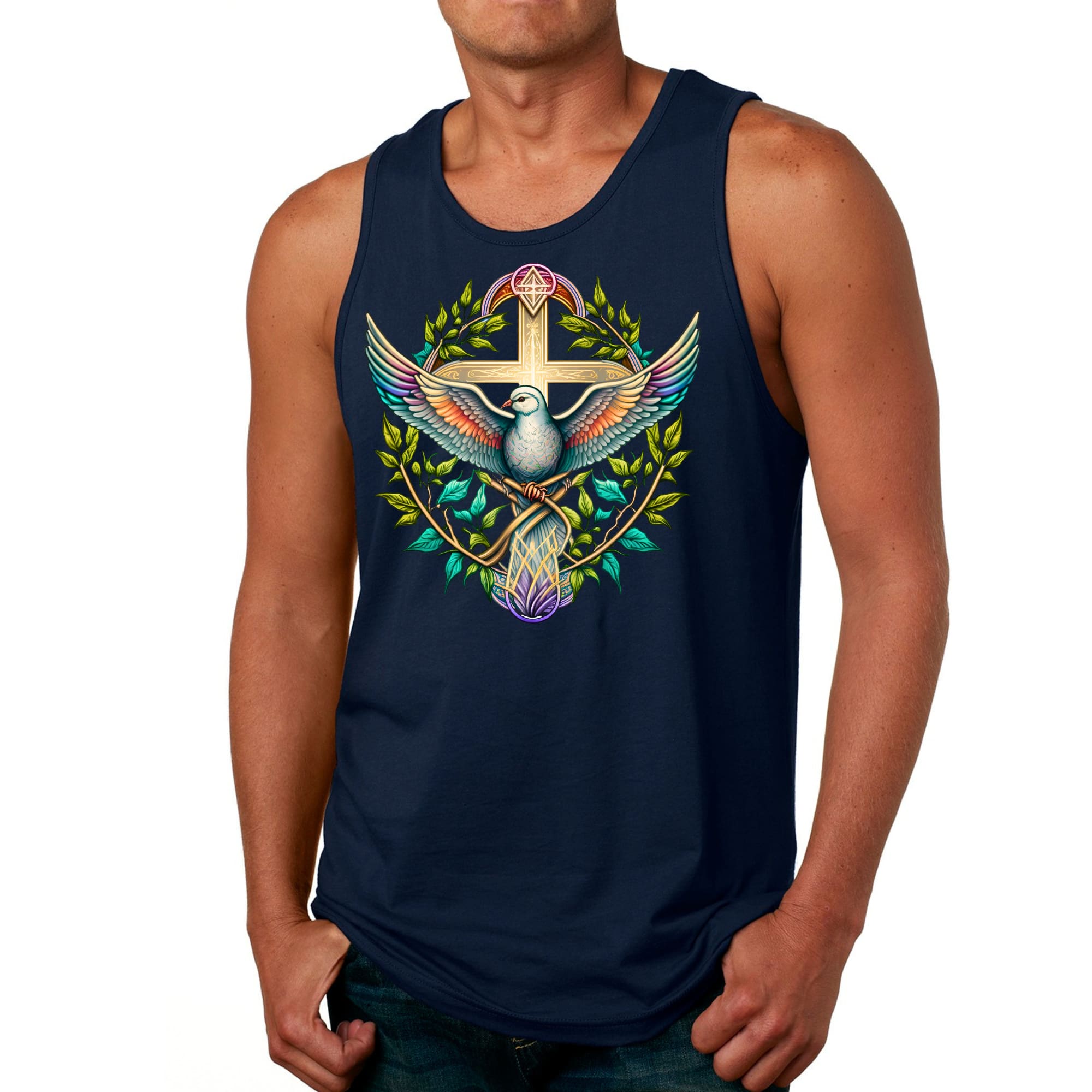 Mens Fitness Tank Top Graphic T-shirt Blue Green Multicolor Dove