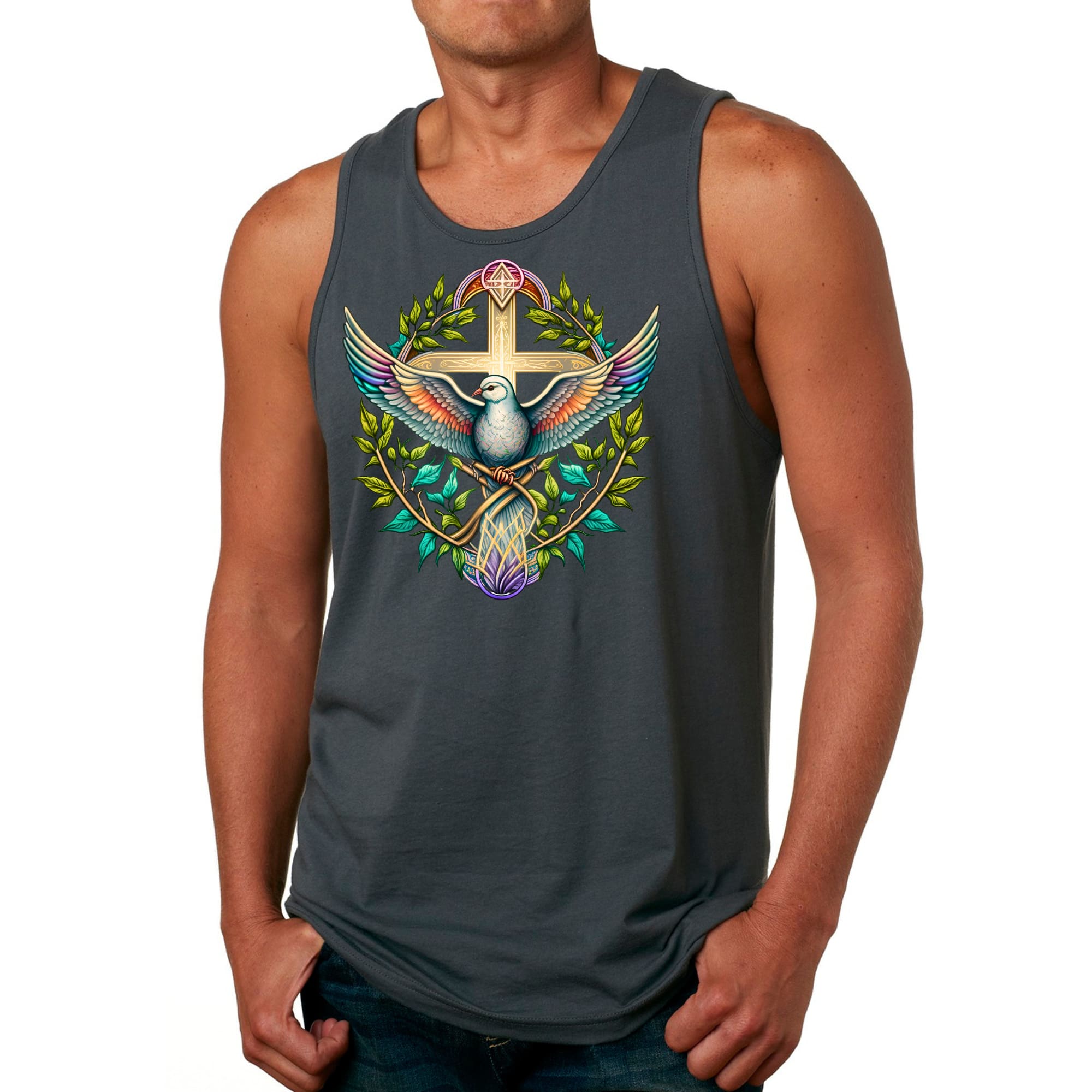 Mens Fitness Tank Top Graphic T-shirt Blue Green Multicolor Dove