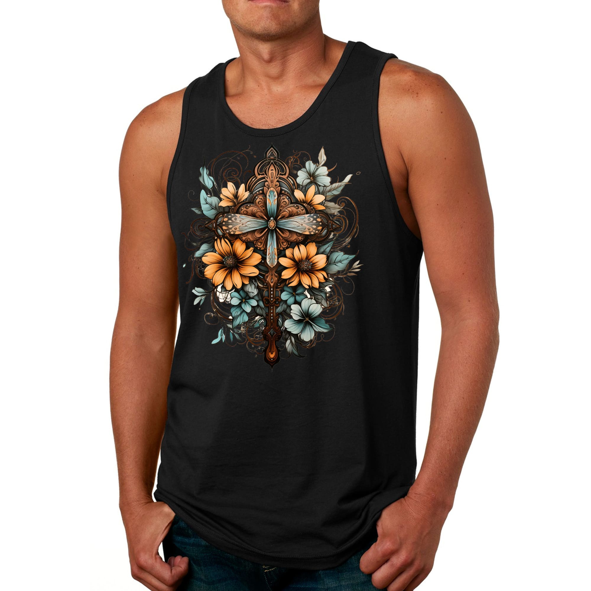 Mens Fitness Tank Top Graphic T-shirt Christian Cross Floral Bouquet