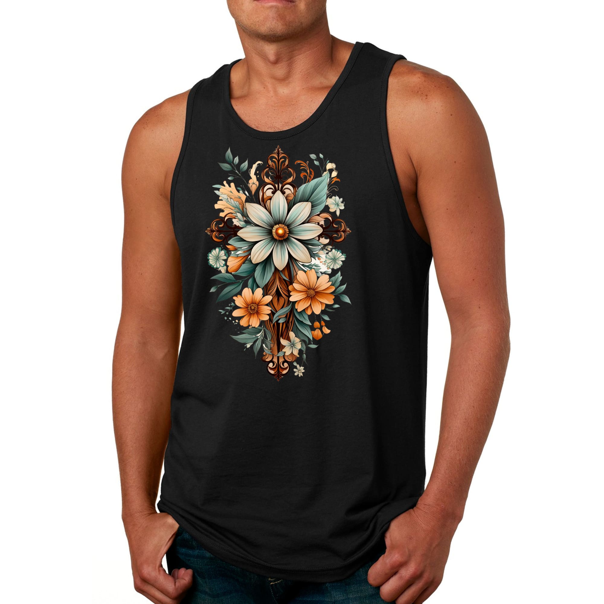 Mens Fitness Tank Top Graphic T-shirt Christian Cross Floral Bouquet