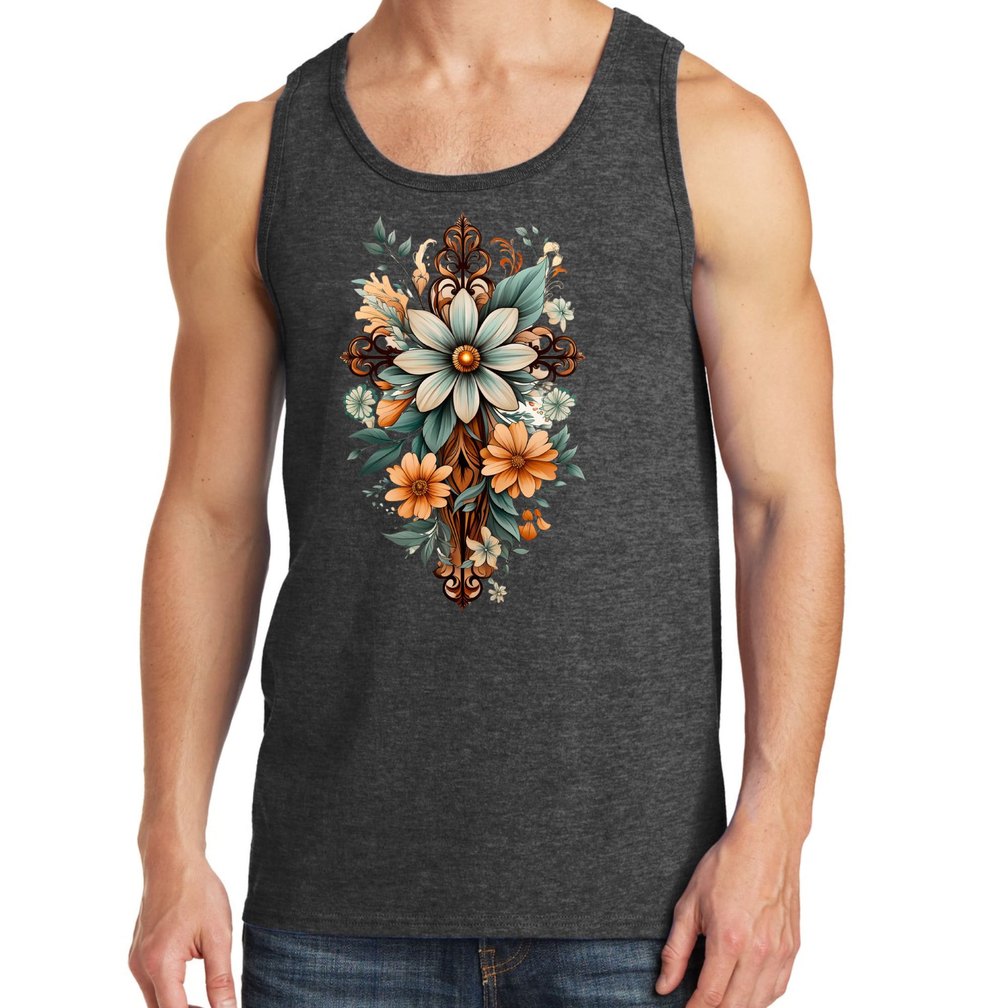 Mens Fitness Tank Top Graphic T-shirt Christian Cross Floral Bouquet