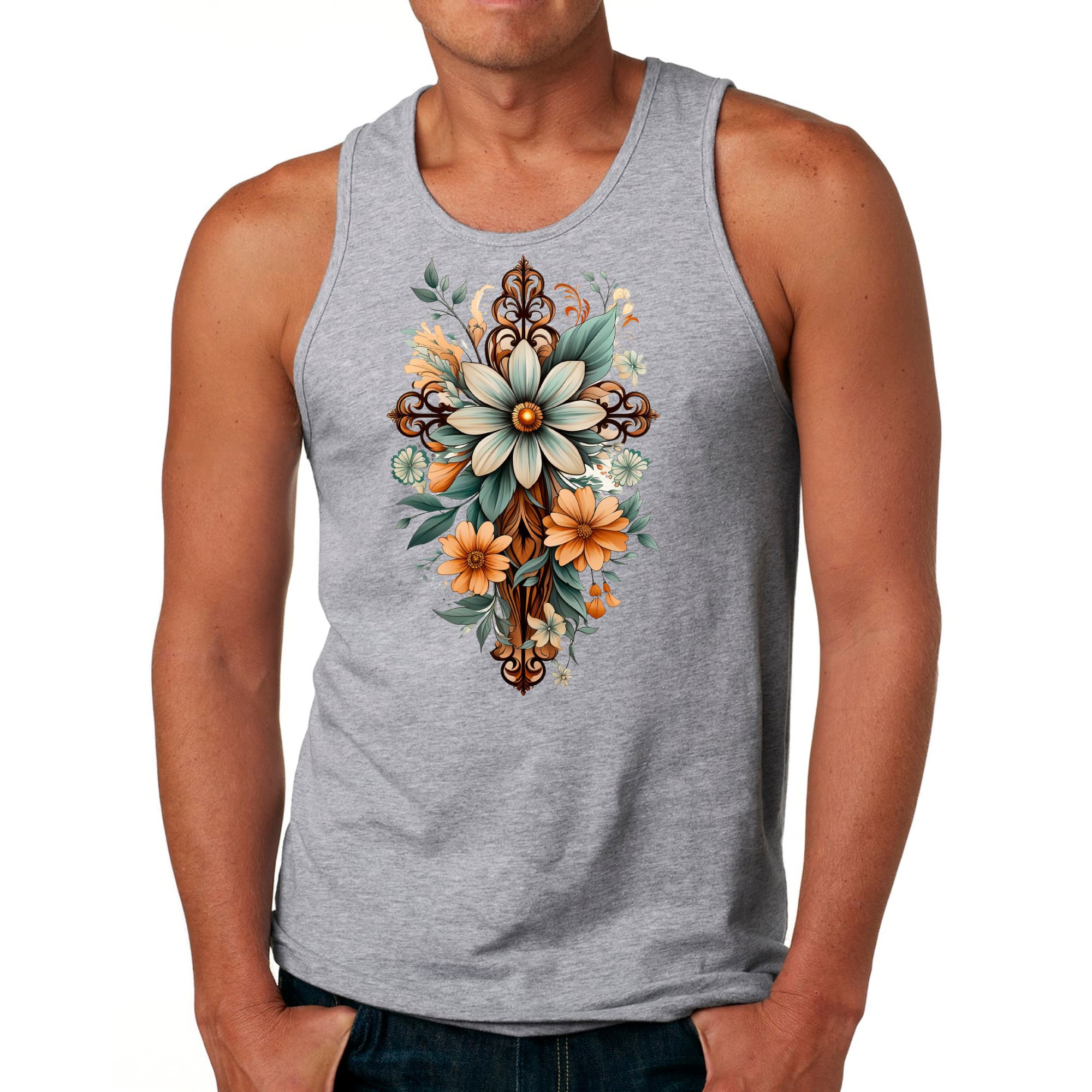 Mens Fitness Tank Top Graphic T-shirt Christian Cross Floral Bouquet