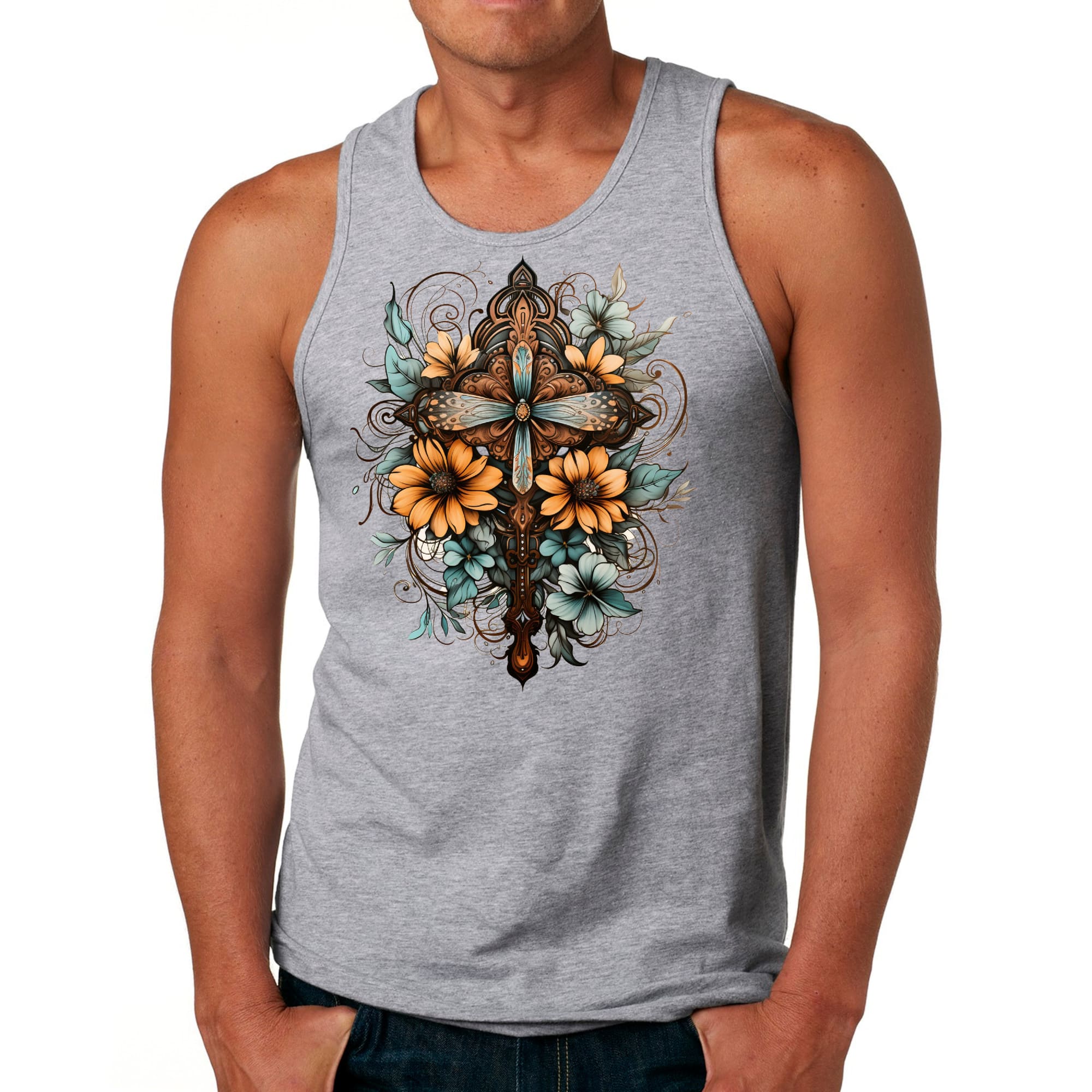 Mens Fitness Tank Top Graphic T-shirt Christian Cross Floral Bouquet