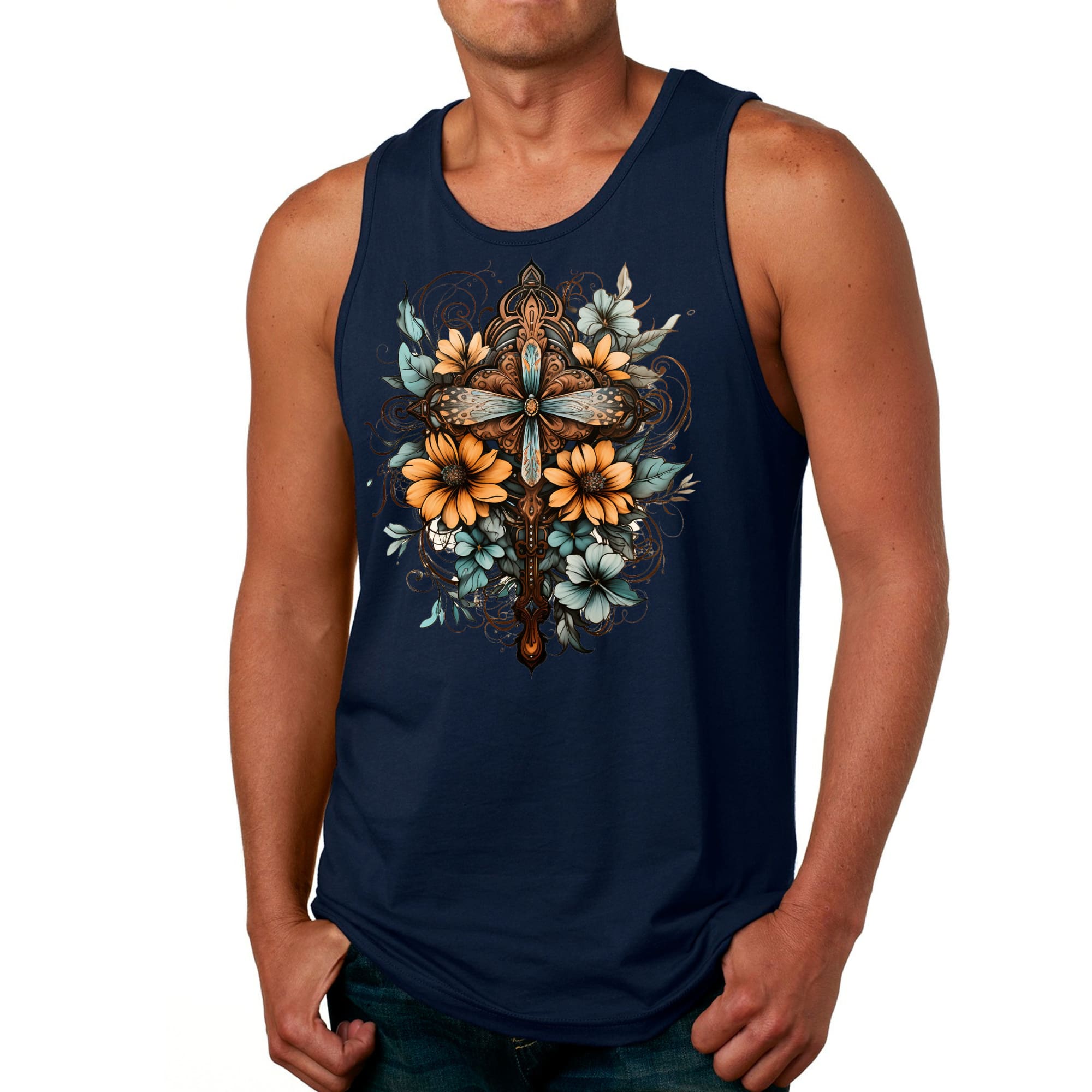 Mens Fitness Tank Top Graphic T-shirt Christian Cross Floral Bouquet