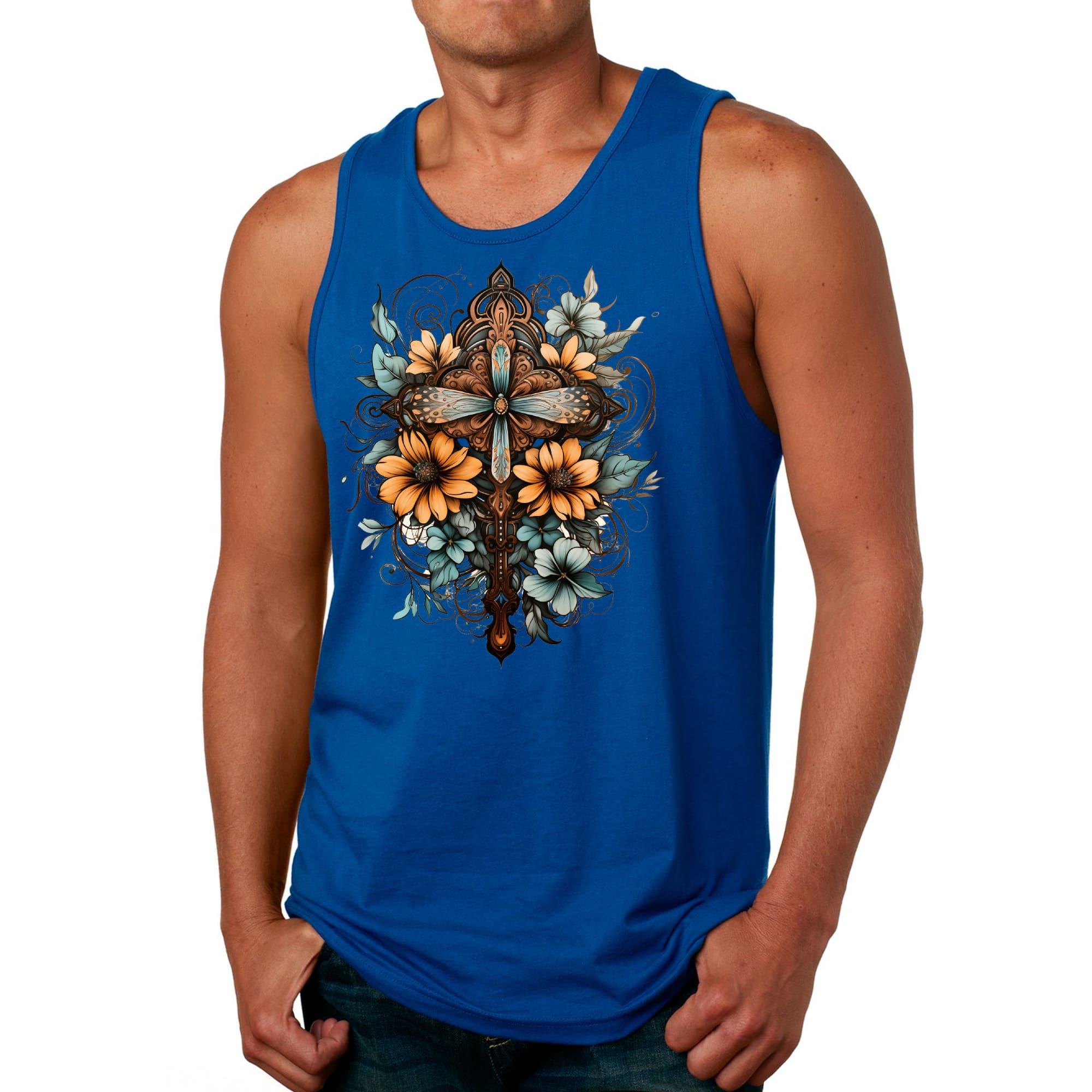 Mens Fitness Tank Top Graphic T-shirt Christian Cross Floral Bouquet