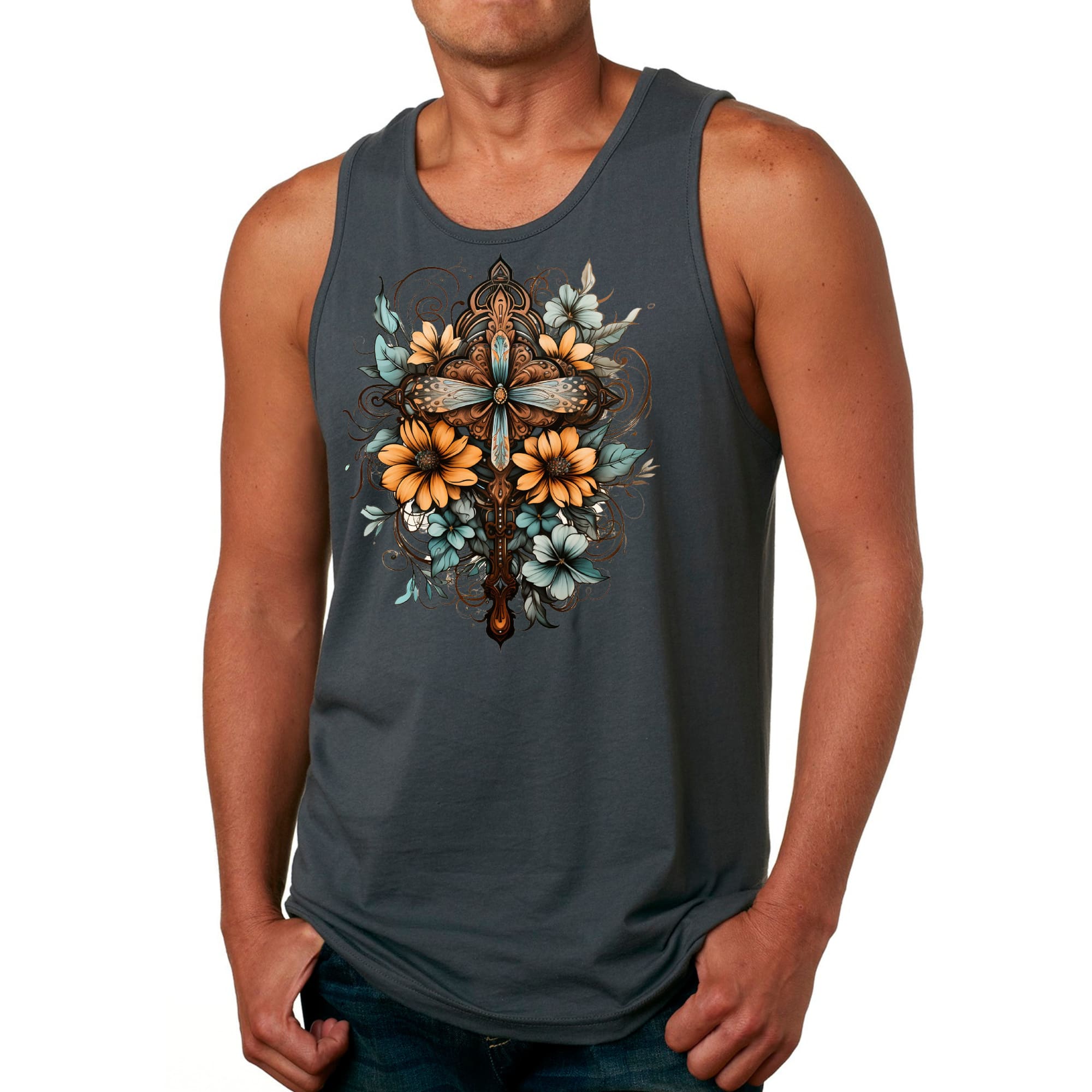 Mens Fitness Tank Top Graphic T-shirt Christian Cross Floral Bouquet