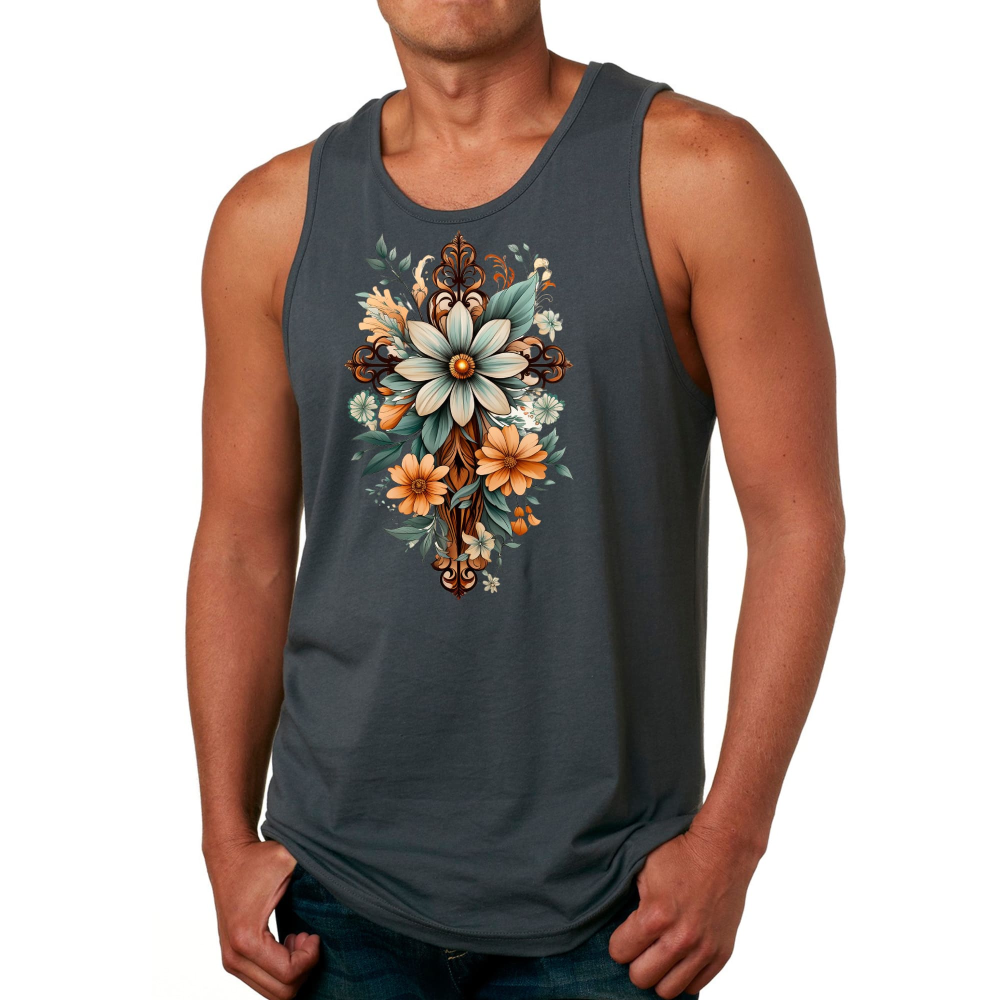 Mens Fitness Tank Top Graphic T-shirt Christian Cross Floral Bouquet