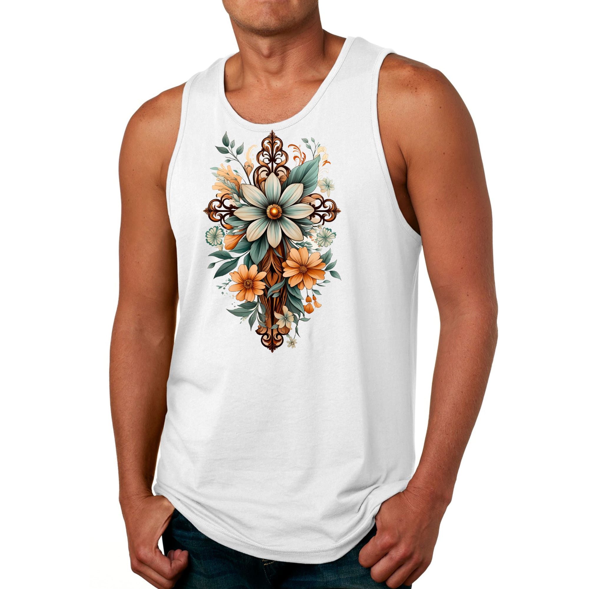 Mens Fitness Tank Top Graphic T-shirt Christian Cross Floral Bouquet