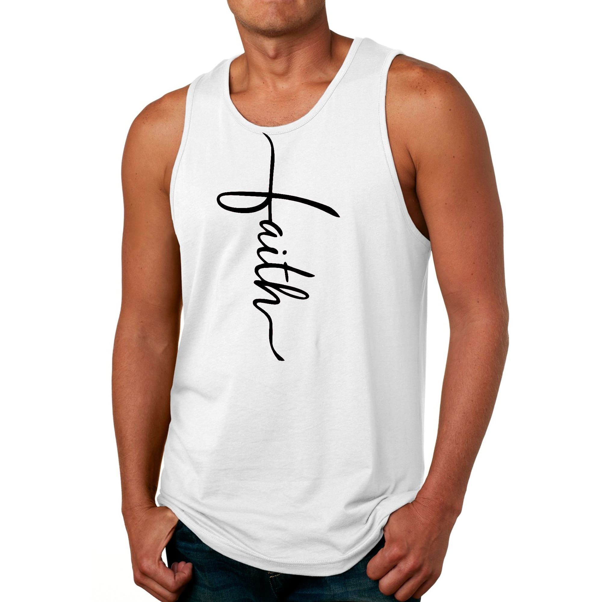 Mens Fitness Tank Top Graphic T-shirt Faith Script Cross Black