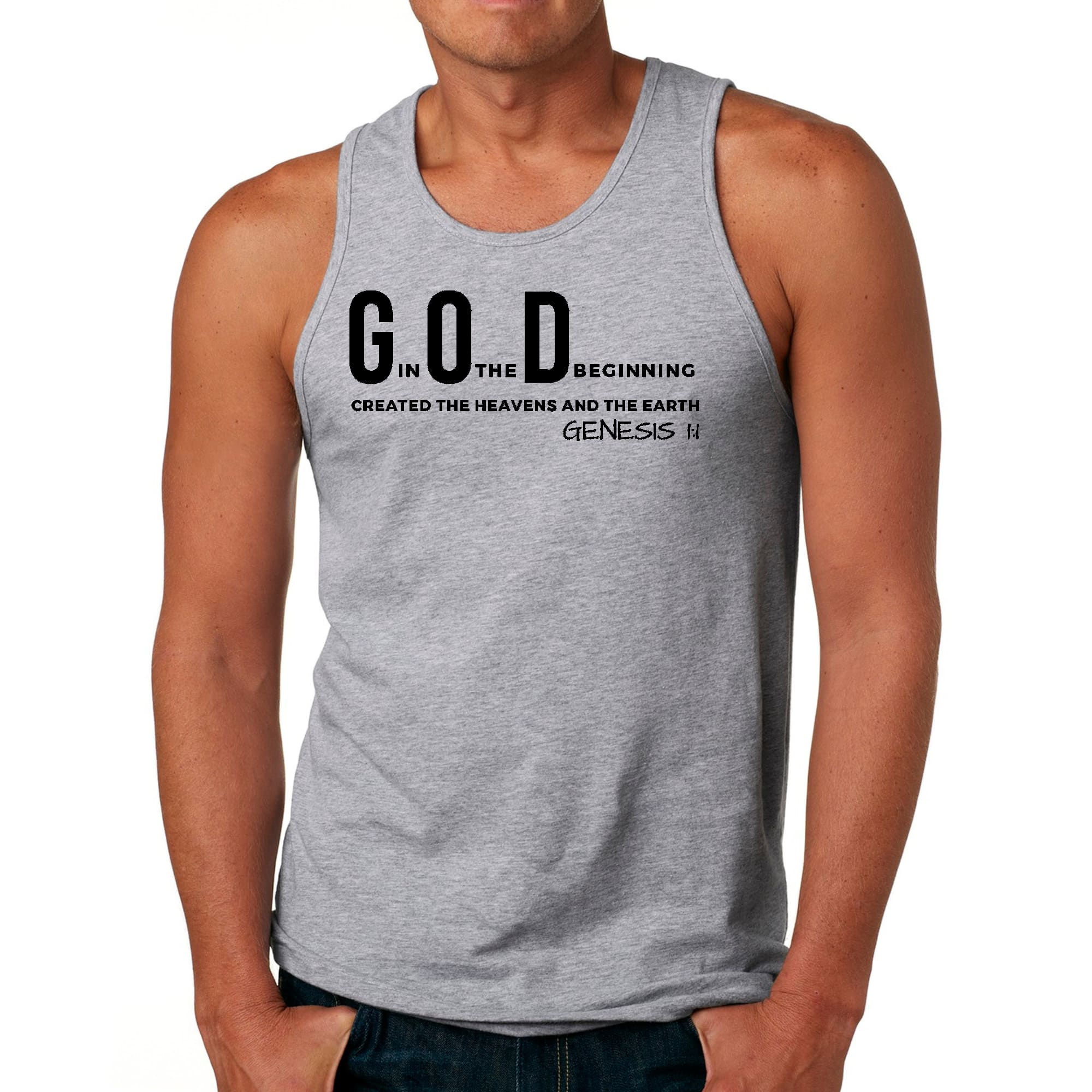 Mens Fitness Tank Top Graphic T-shirt God in the Beginning Print
