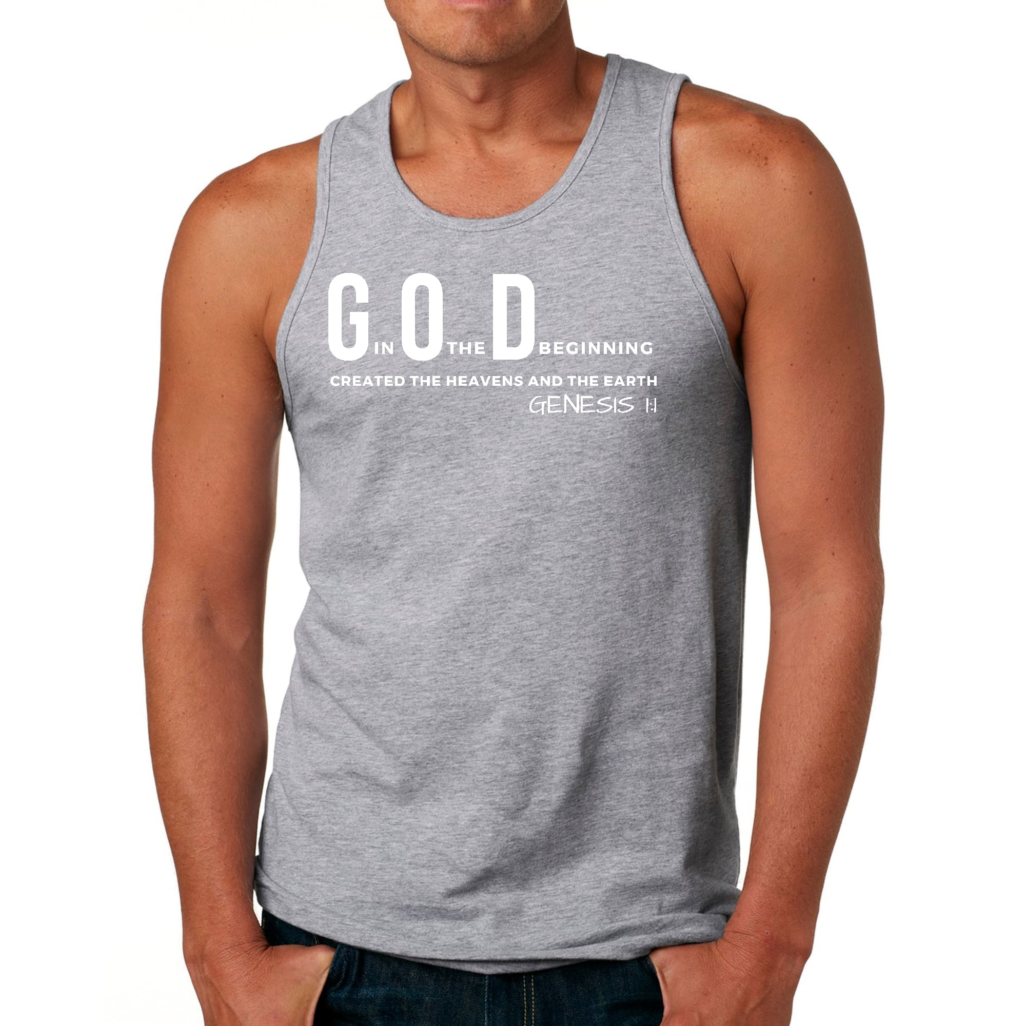 Mens Fitness Tank Top Graphic T-shirt God in the Beginning Print