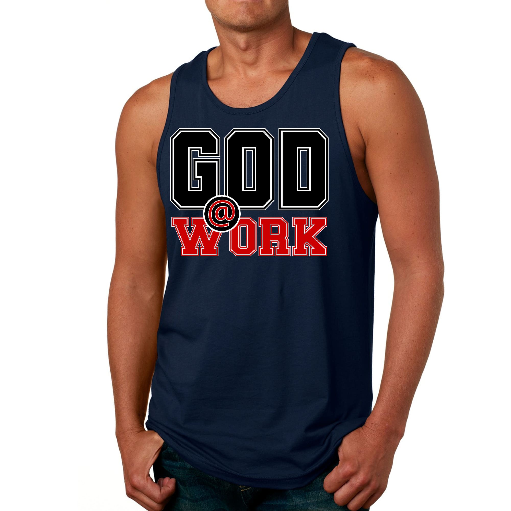 Mens Fitness Tank Top Graphic T-shirt God @ Work Black and Red Print