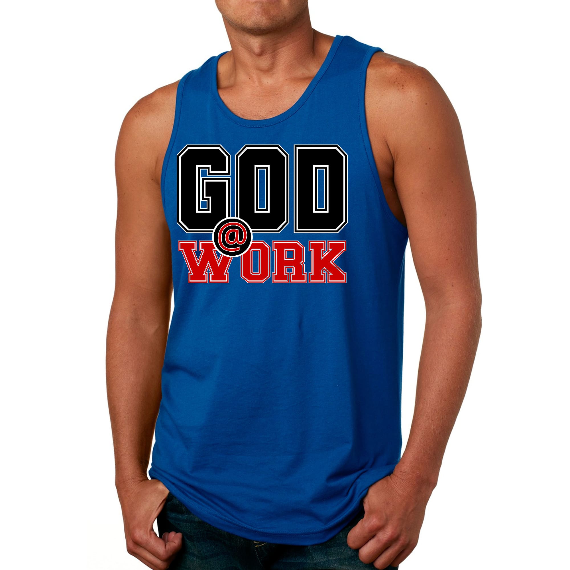 Mens Fitness Tank Top Graphic T-shirt God @ Work Black and Red Print