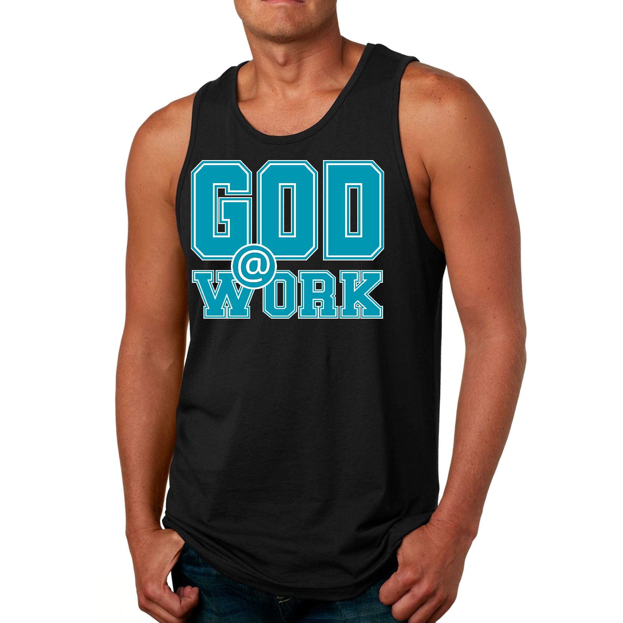 Mens Fitness Tank Top Graphic T-shirt God @ Work Blue Green and White