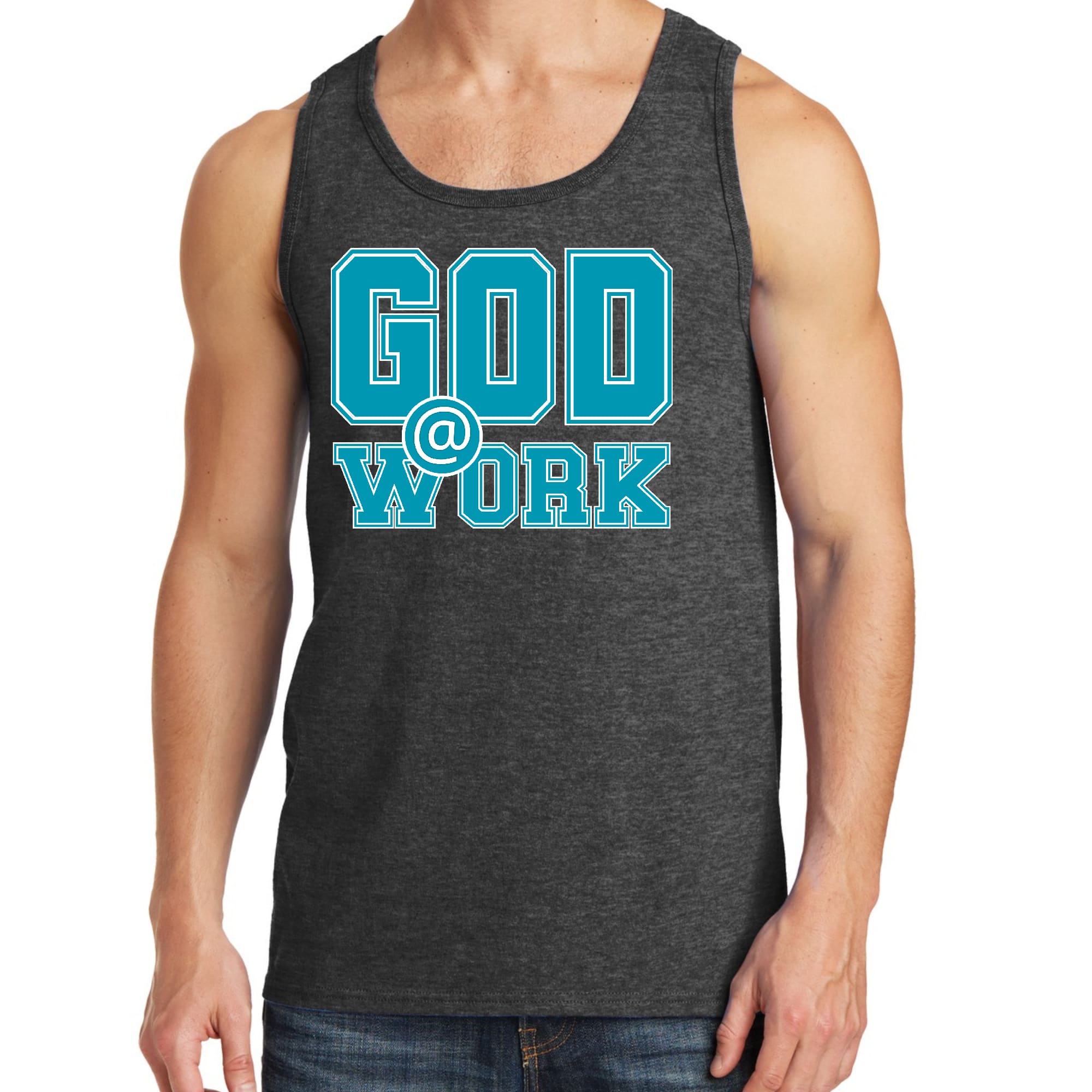 Mens Fitness Tank Top Graphic T-shirt God @ Work Blue Green and White