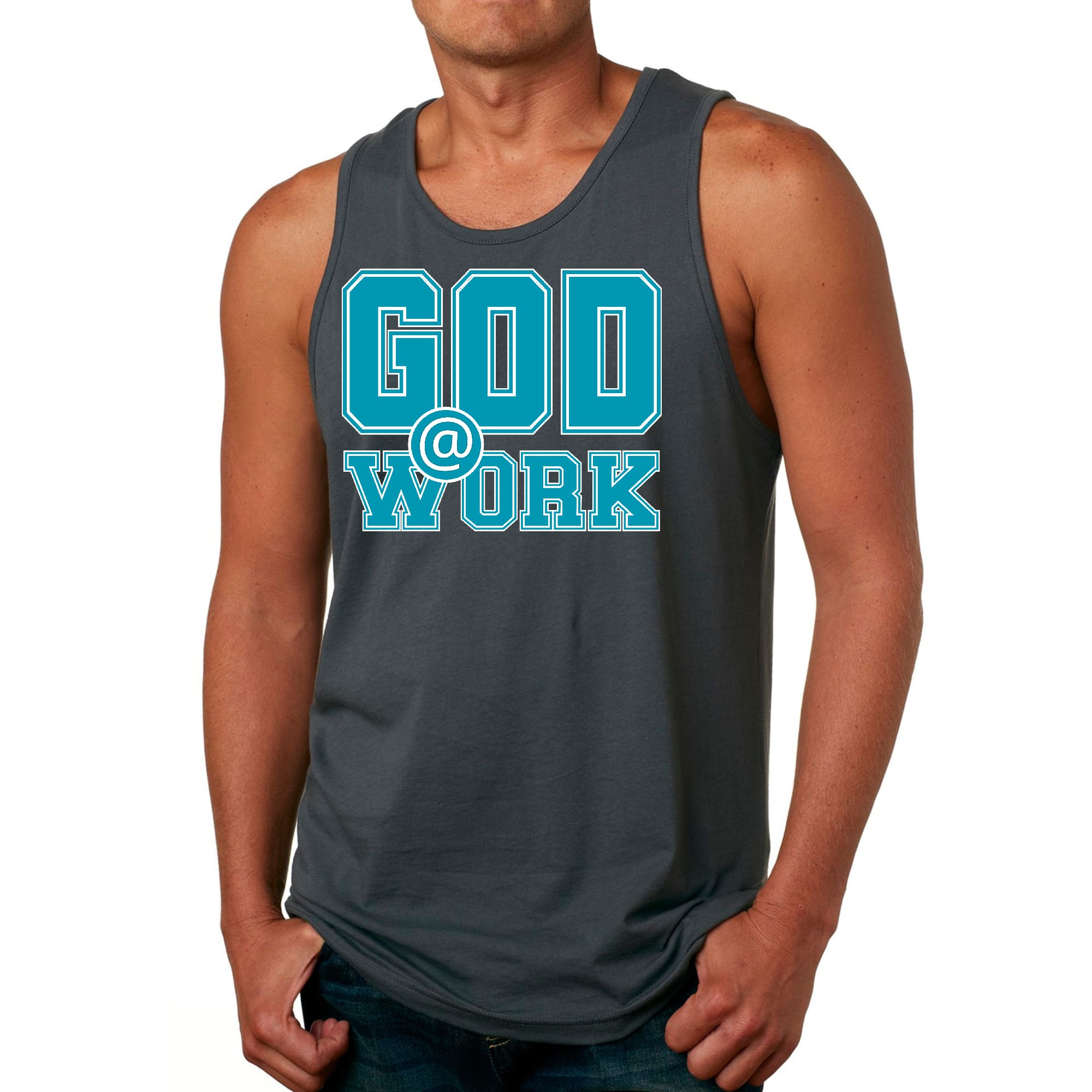 Mens Fitness Tank Top Graphic T-shirt God @ Work Blue Green and White