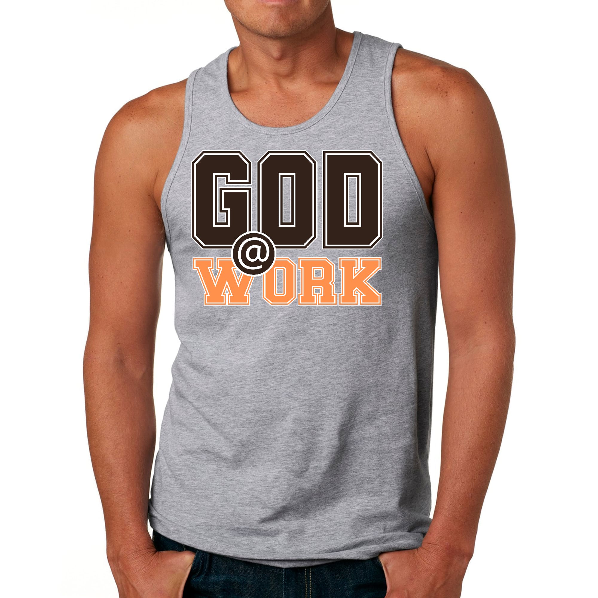Mens Fitness Tank Top Graphic T-shirt God @ Work Brown and Orange