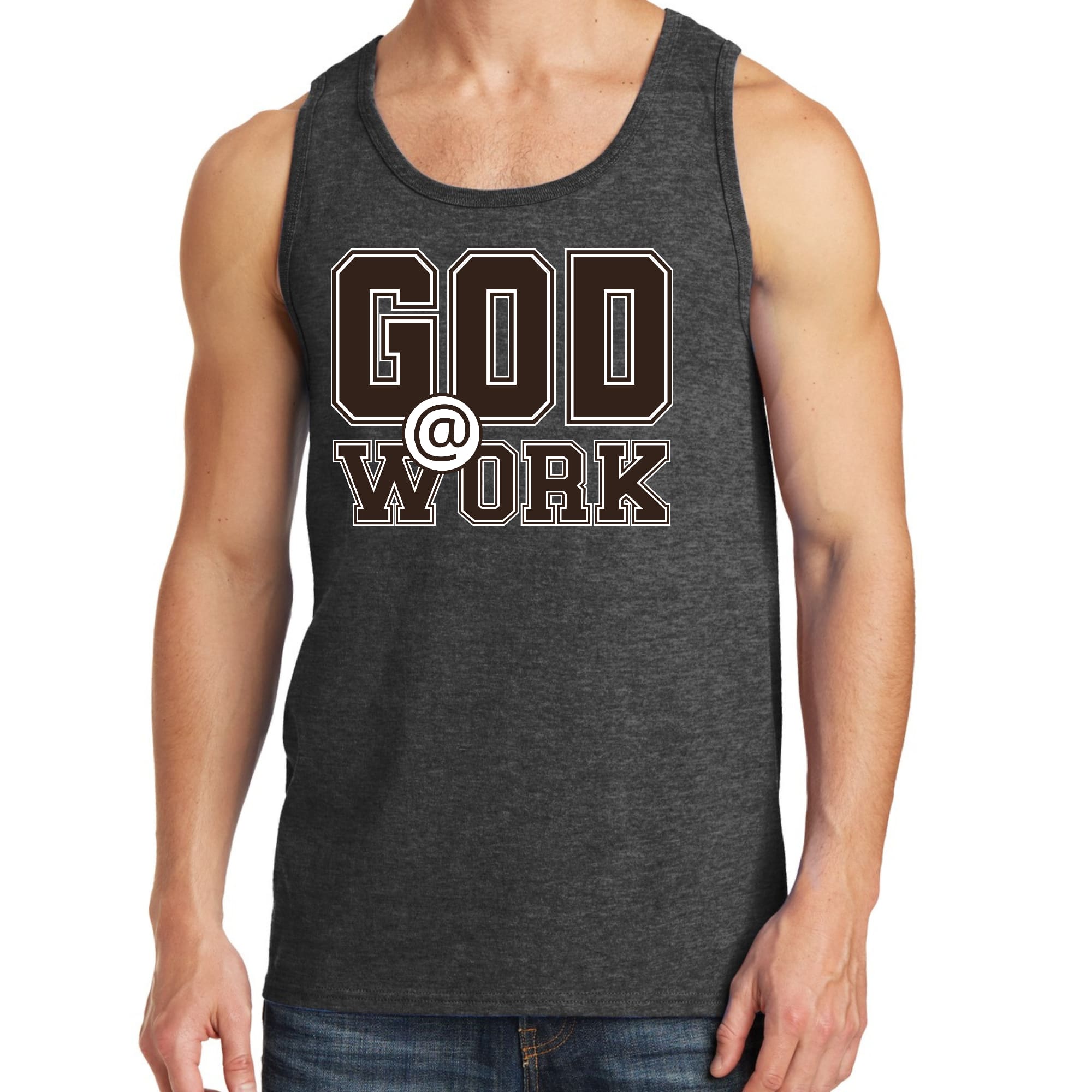Mens Fitness Tank Top Graphic T-shirt God @ Work Brown and White Print