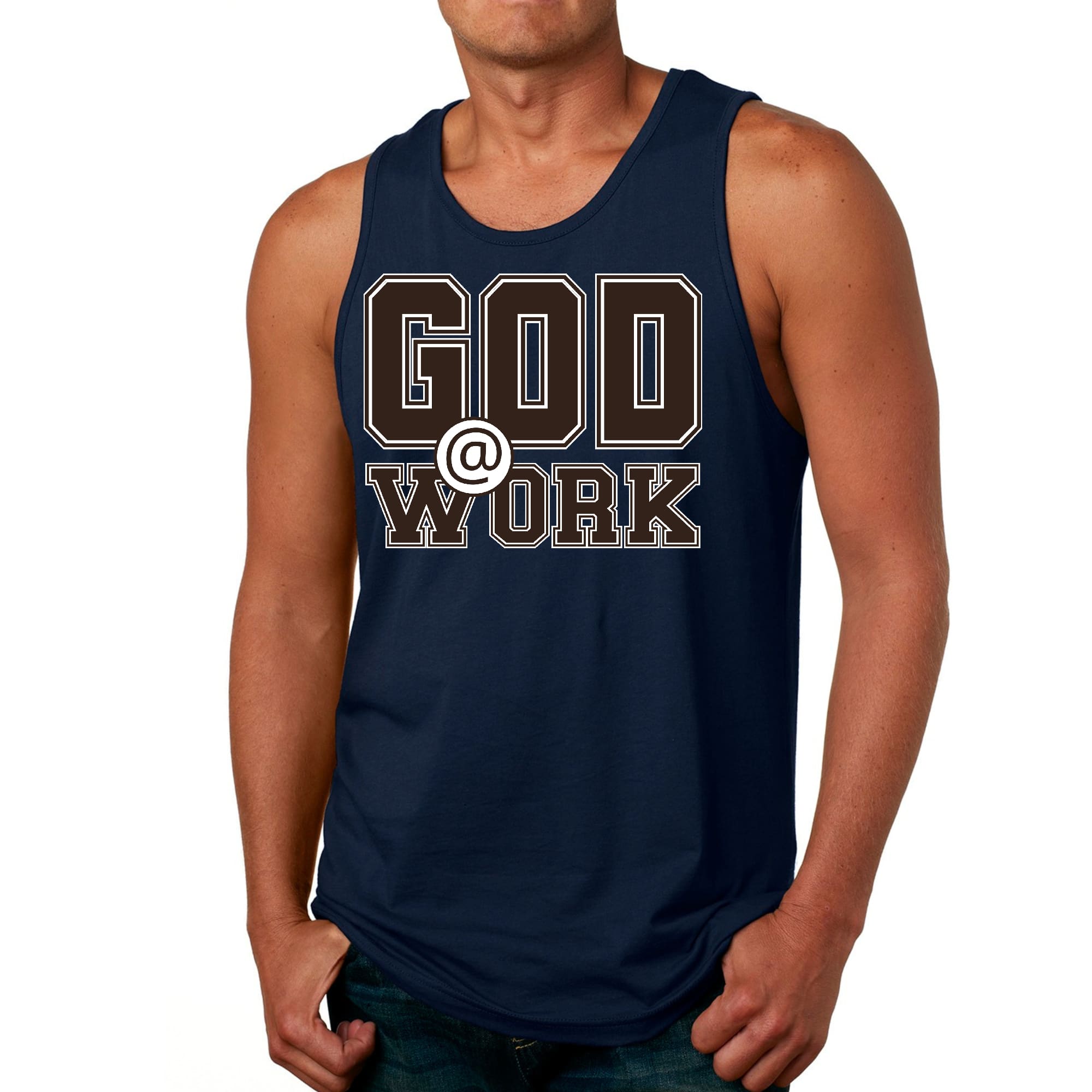 Mens Fitness Tank Top Graphic T-shirt God @ Work Brown and White Print