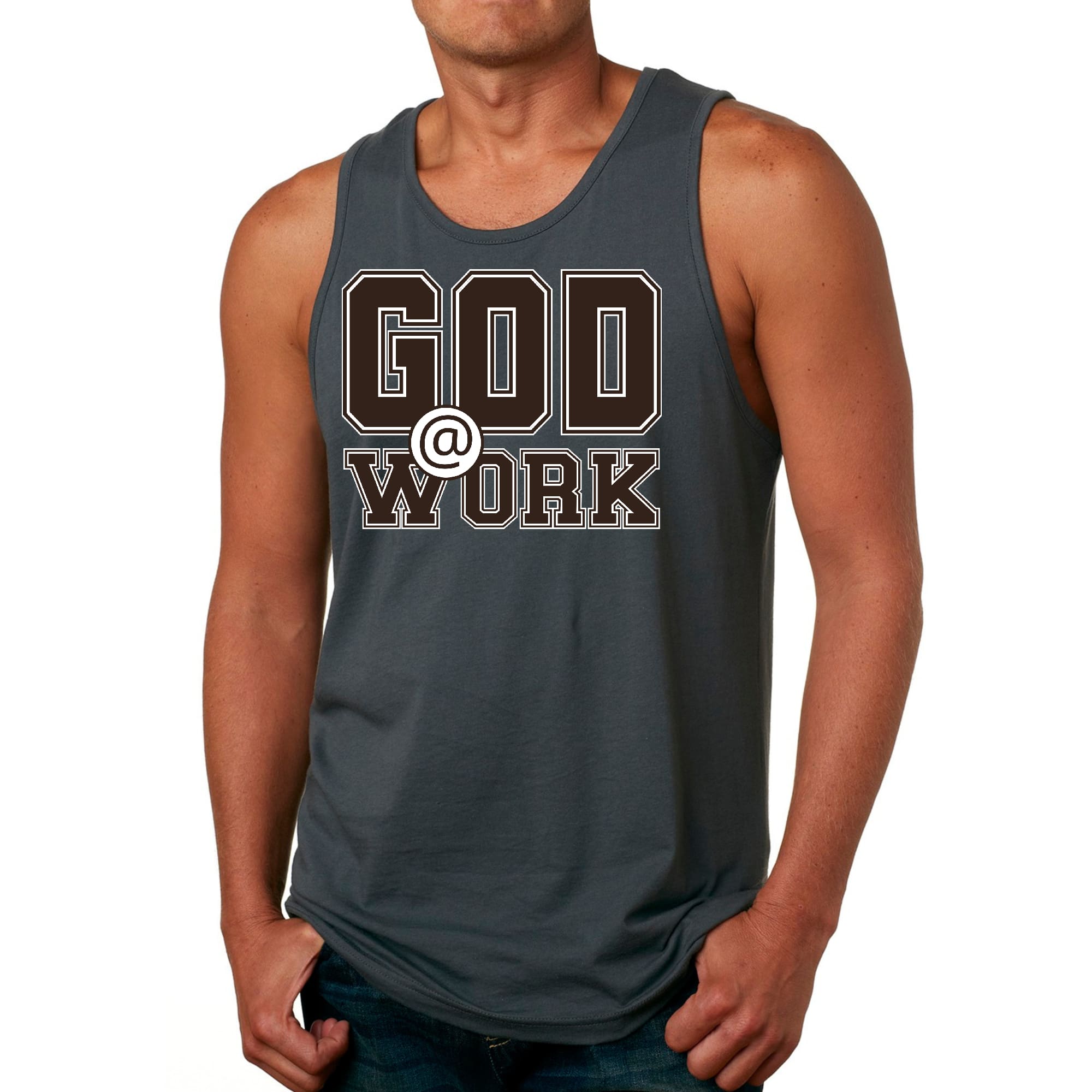 Mens Fitness Tank Top Graphic T-shirt God @ Work Brown and White Print
