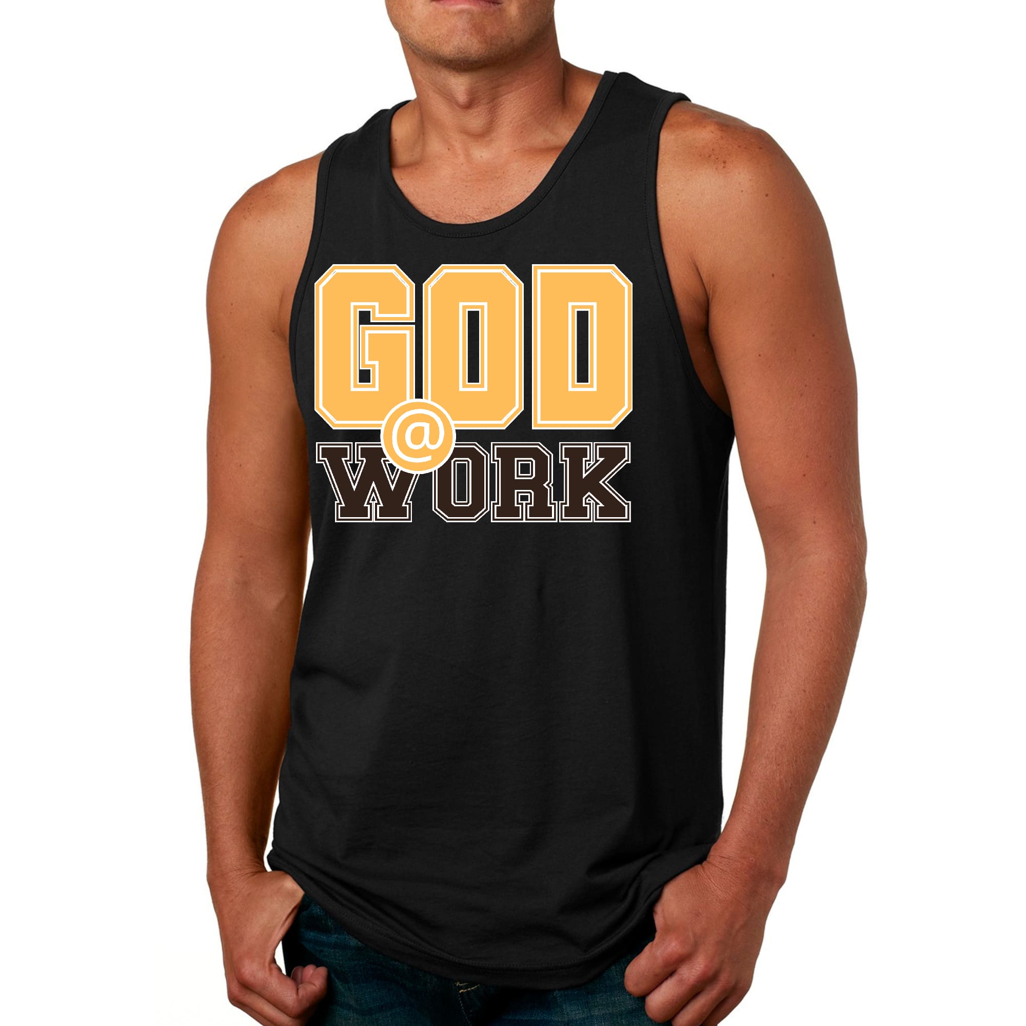 Mens Fitness Tank Top Graphic T-shirt God @ Work Golden Yellow