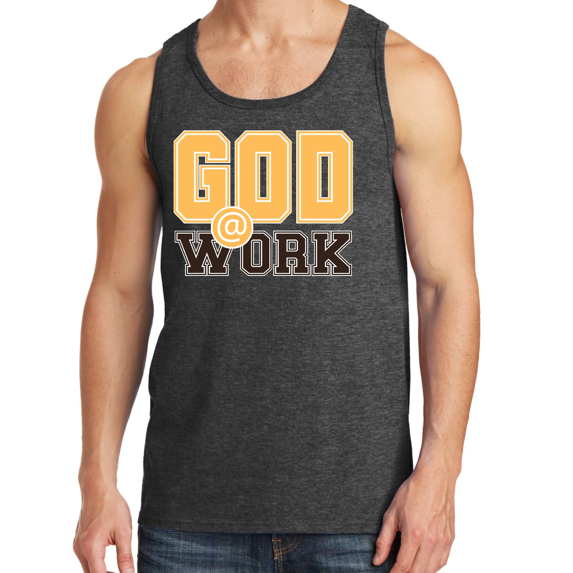 Mens Fitness Tank Top Graphic T-shirt God @ Work Golden Yellow