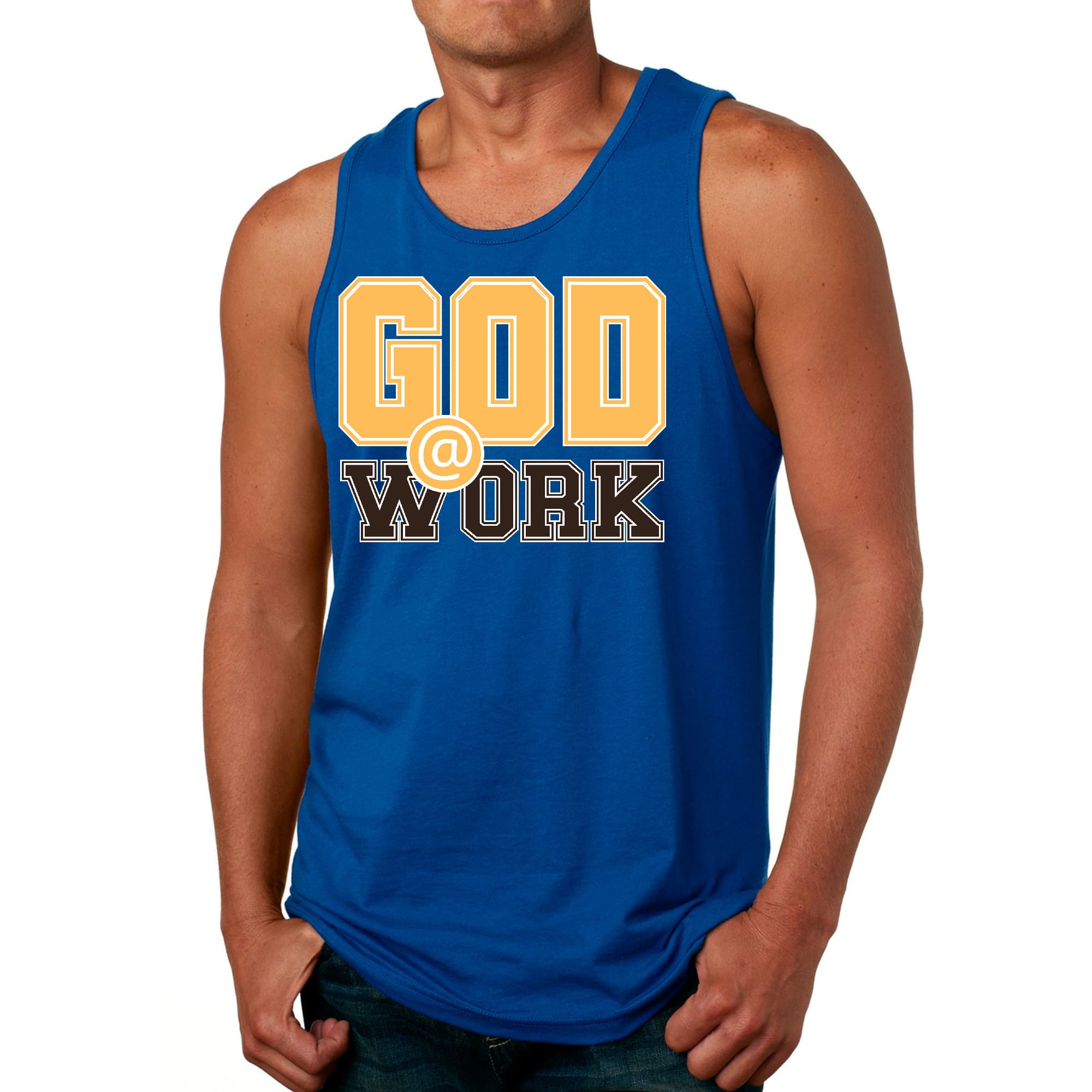Mens Fitness Tank Top Graphic T-shirt God @ Work Golden Yellow