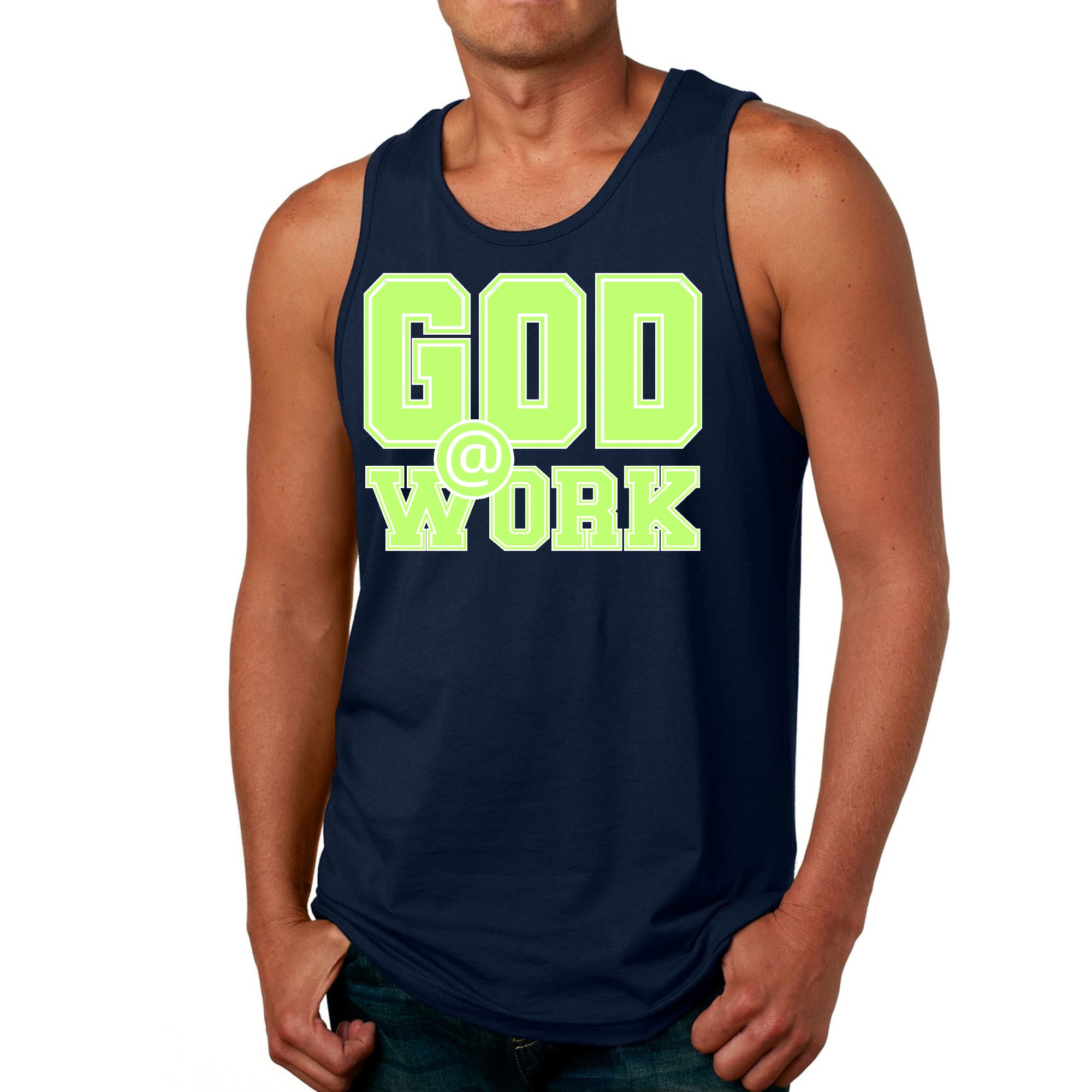 Mens Fitness Tank Top Graphic T-shirt God @ Work Neon Green and White