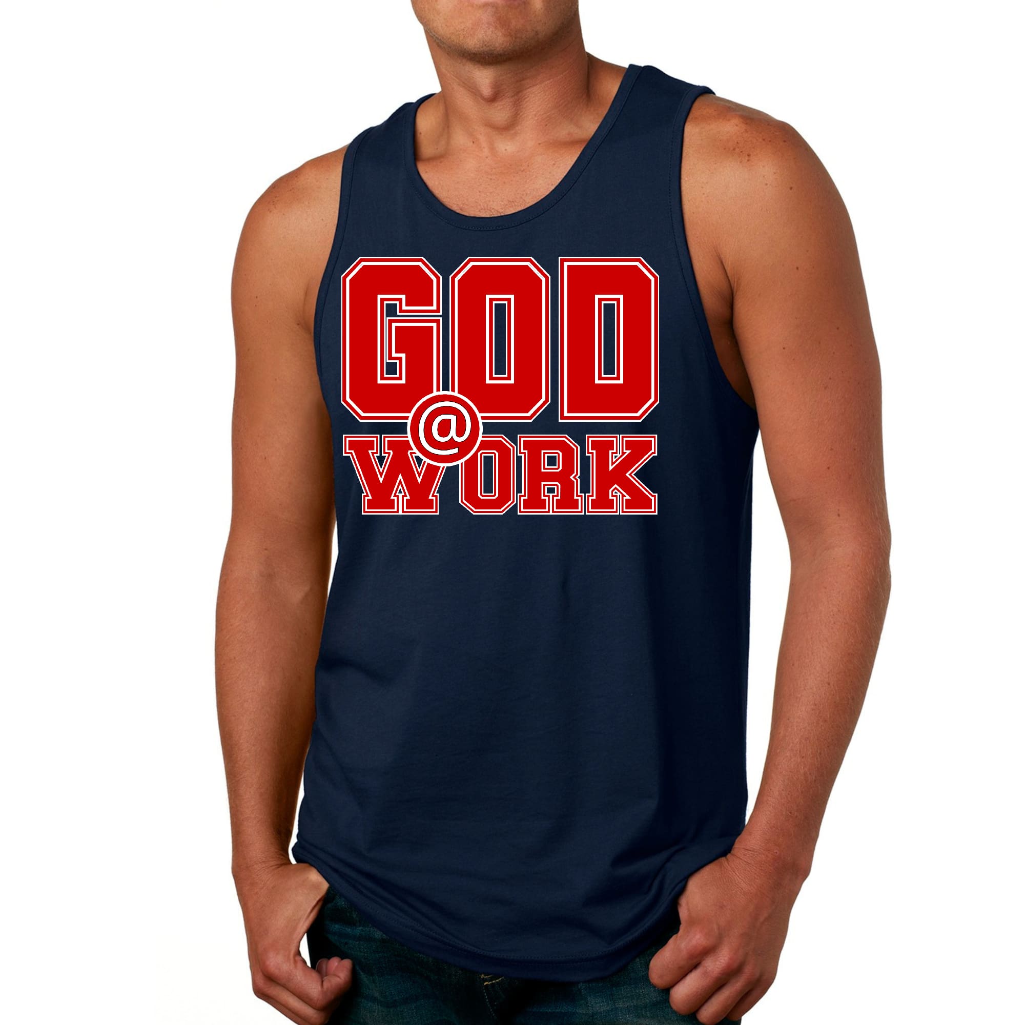 Mens Fitness Tank Top Graphic T-shirt God @ Work Red and White Print