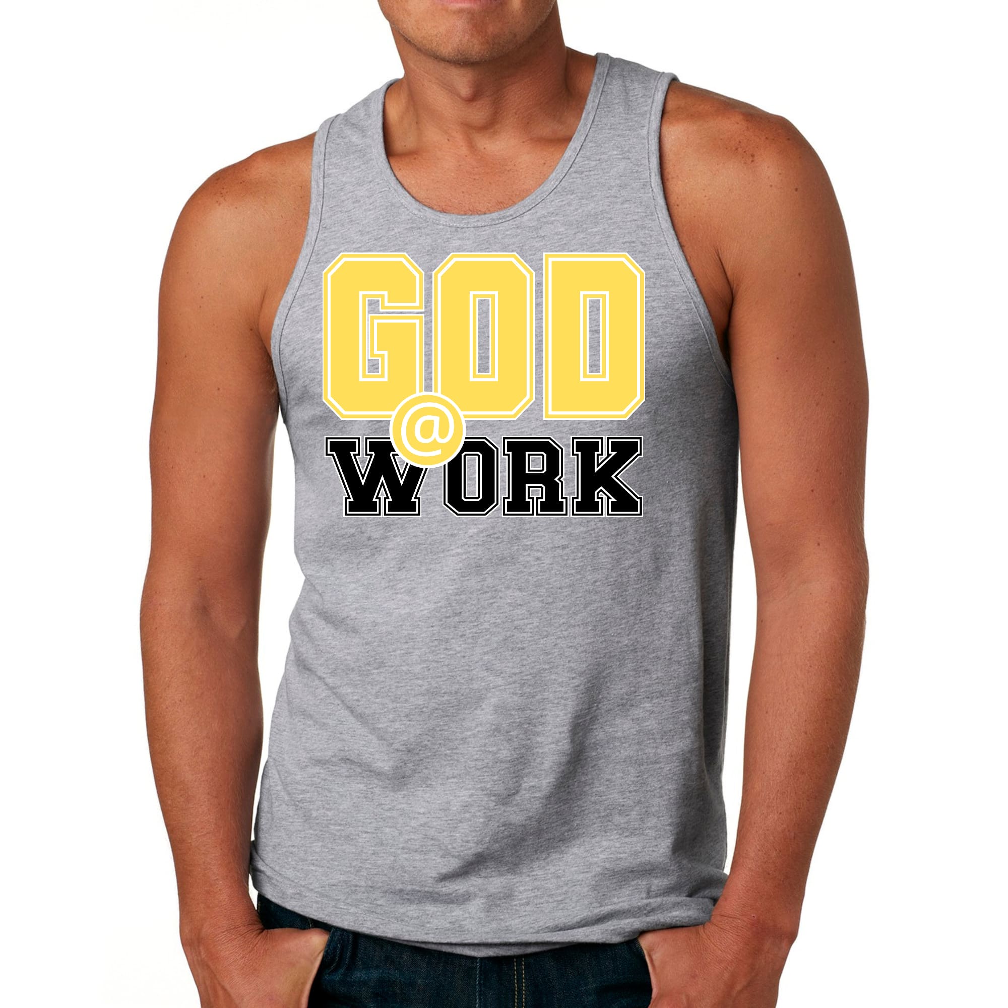 Mens Fitness Tank Top Graphic T-shirt God @ Work Yellow and Black