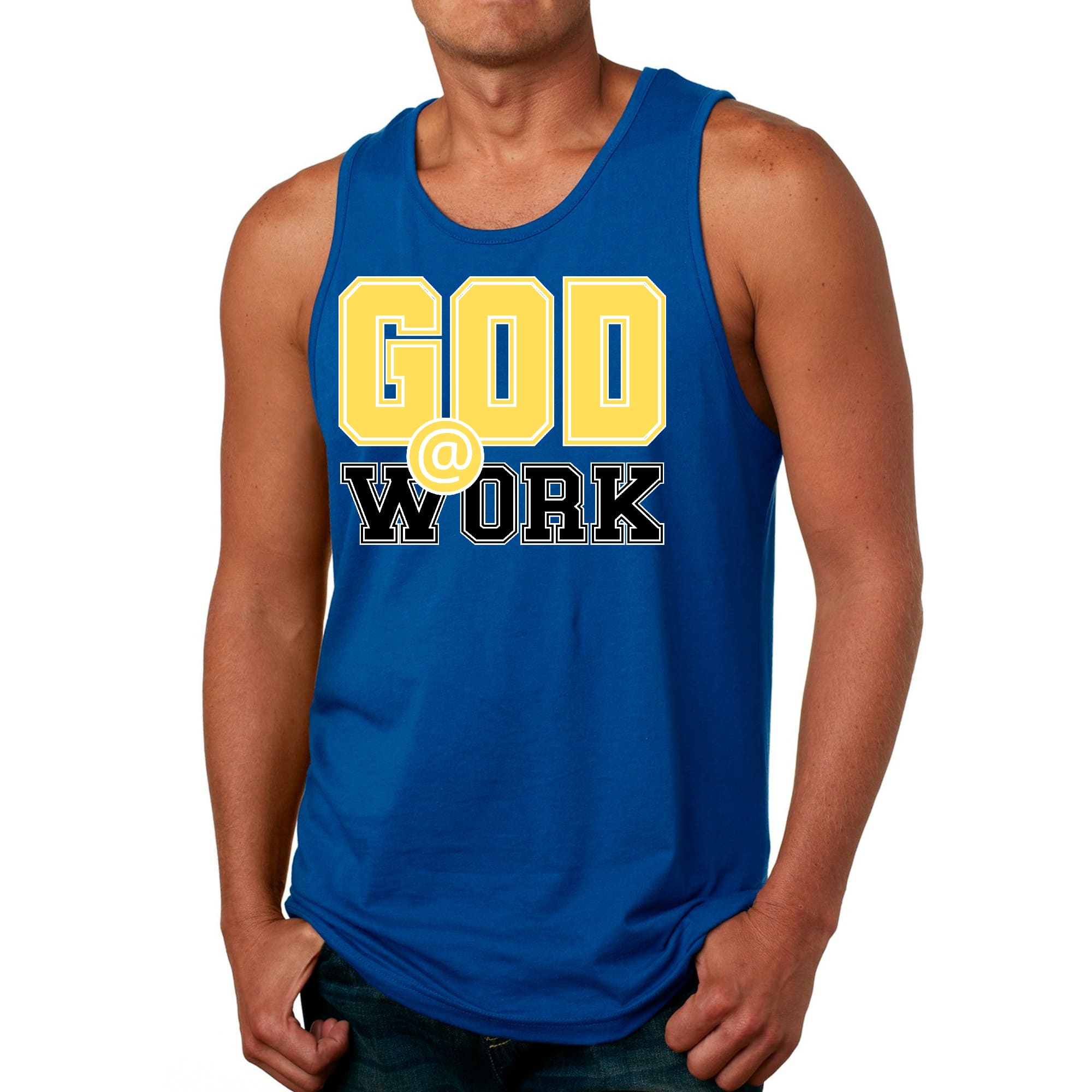 Mens Fitness Tank Top Graphic T-shirt God @ Work Yellow and Black