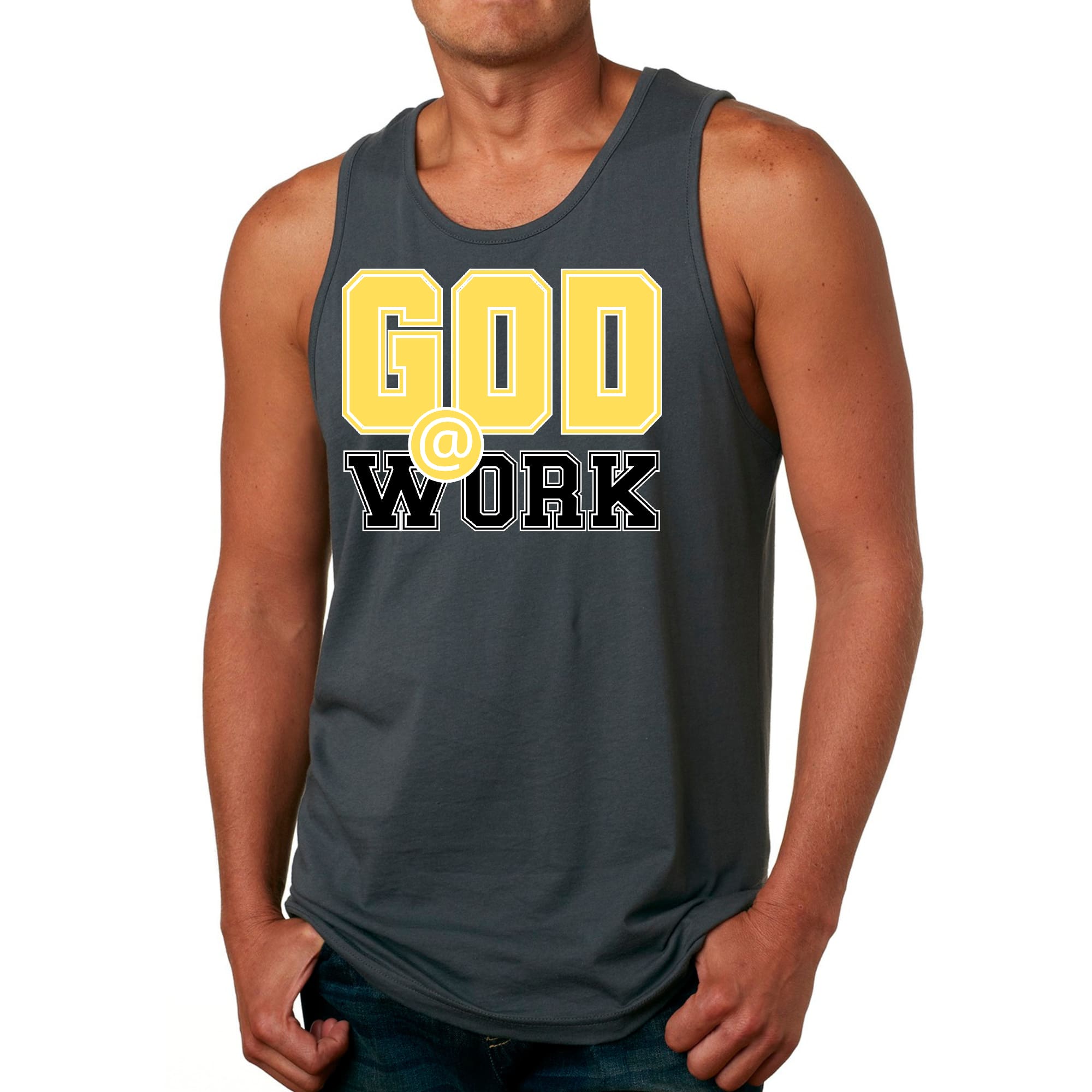 Mens Fitness Tank Top Graphic T-shirt God @ Work Yellow and Black