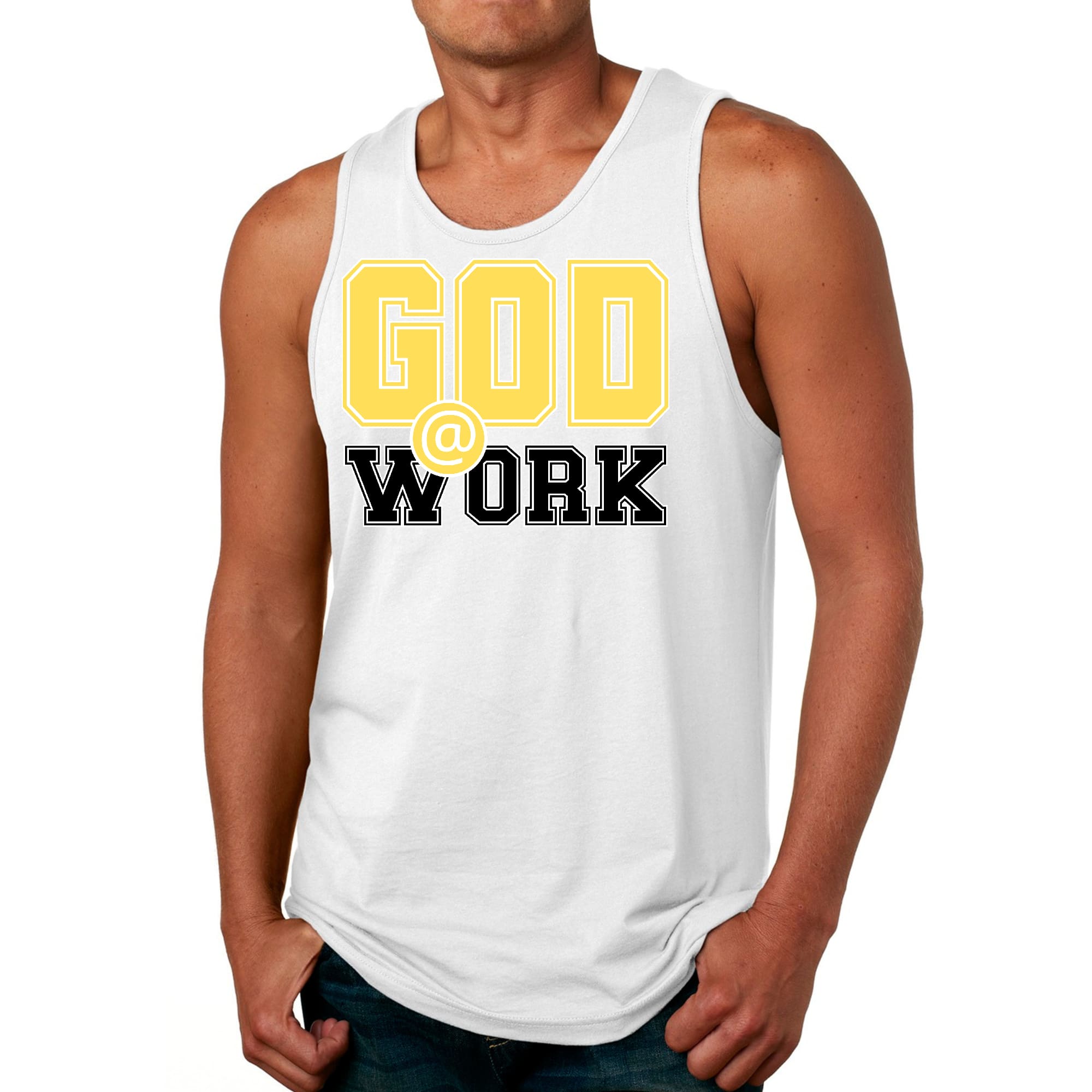 Mens Fitness Tank Top Graphic T-shirt God @ Work Yellow and Black