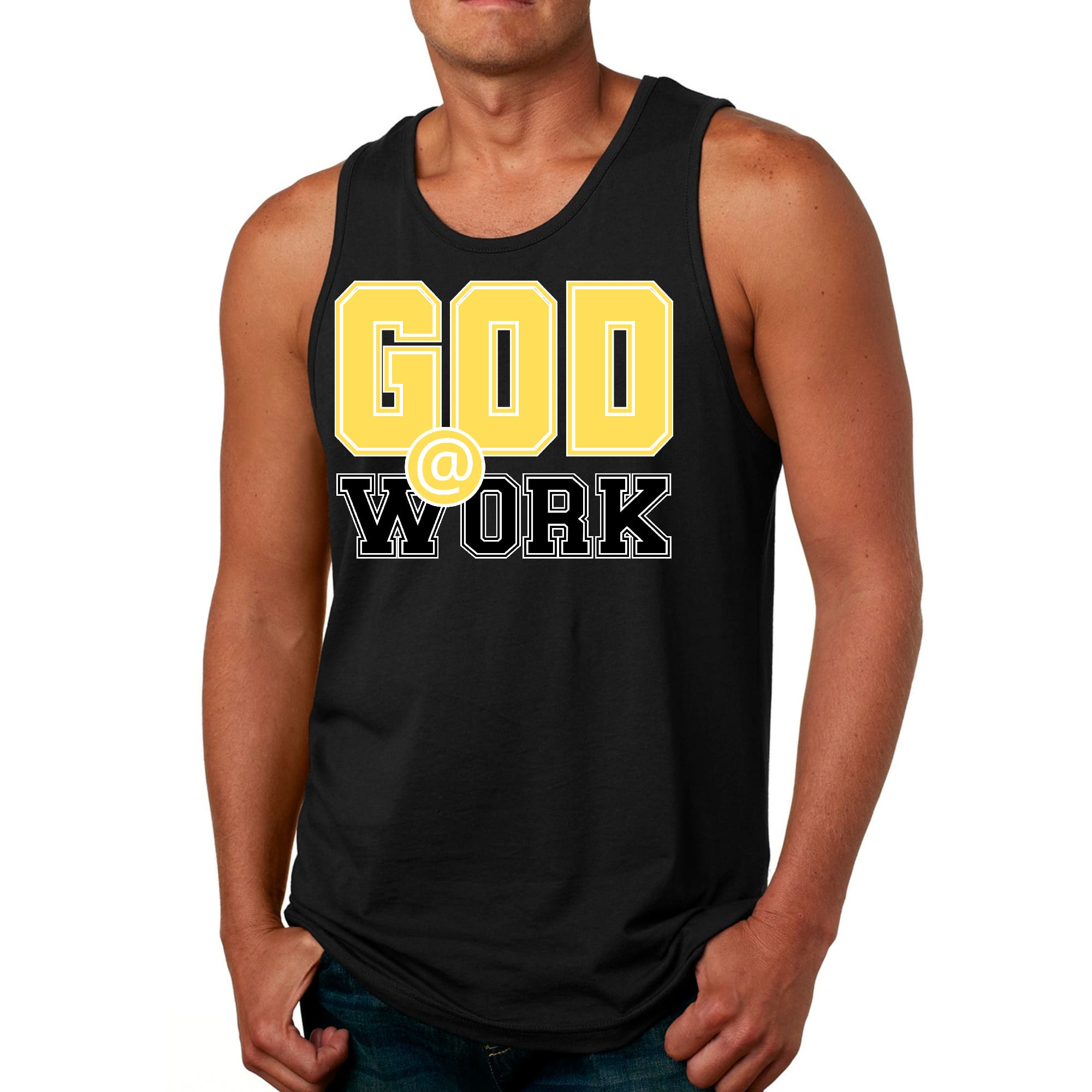 Mens Fitness Tank Top Graphic T-shirt God @ Work Yellow and Black