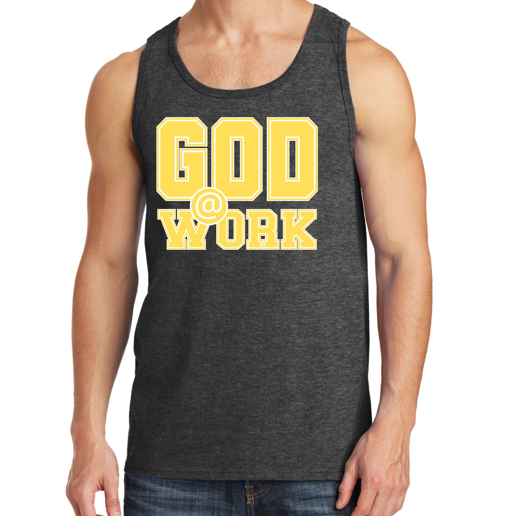 Mens Fitness Tank Top Graphic T-shirt God @ Work Yellow and White
