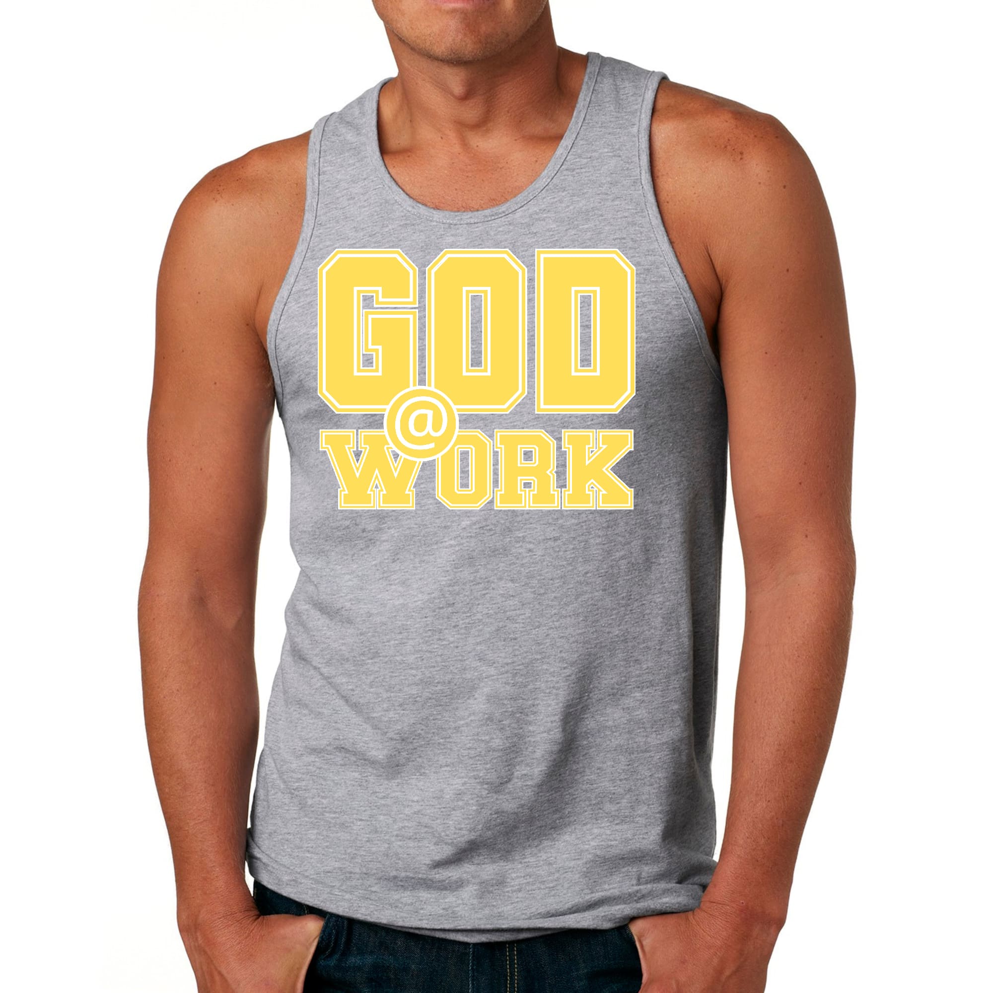 Mens Fitness Tank Top Graphic T-shirt God @ Work Yellow and White