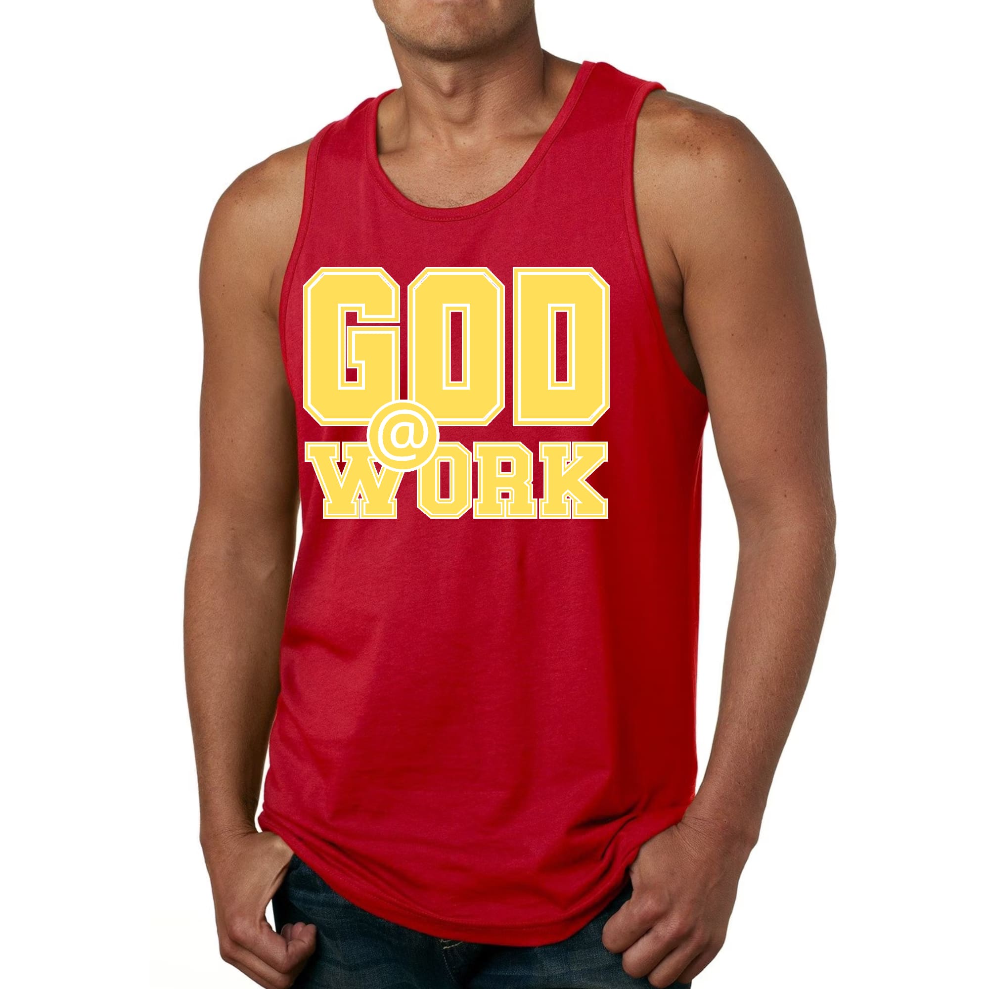Mens Fitness Tank Top Graphic T-shirt God @ Work Yellow and White