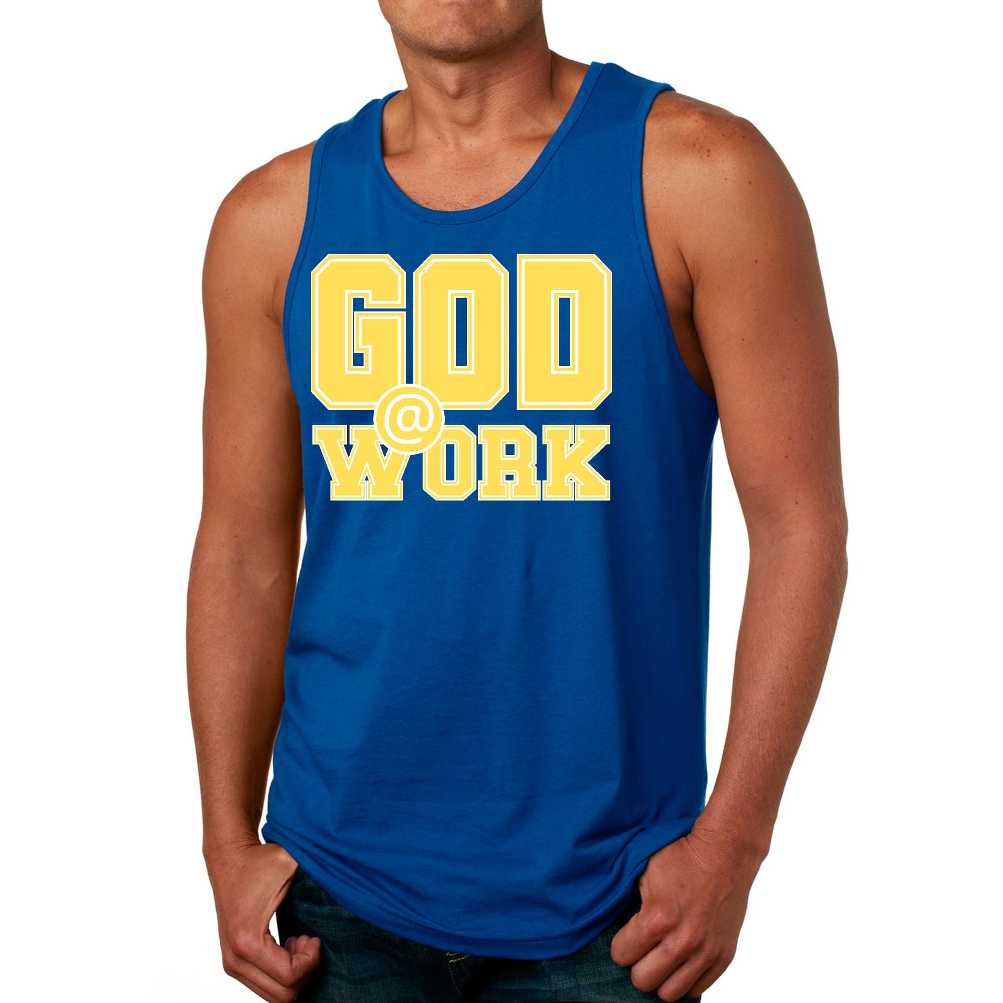 Mens Fitness Tank Top Graphic T-shirt God @ Work Yellow and White
