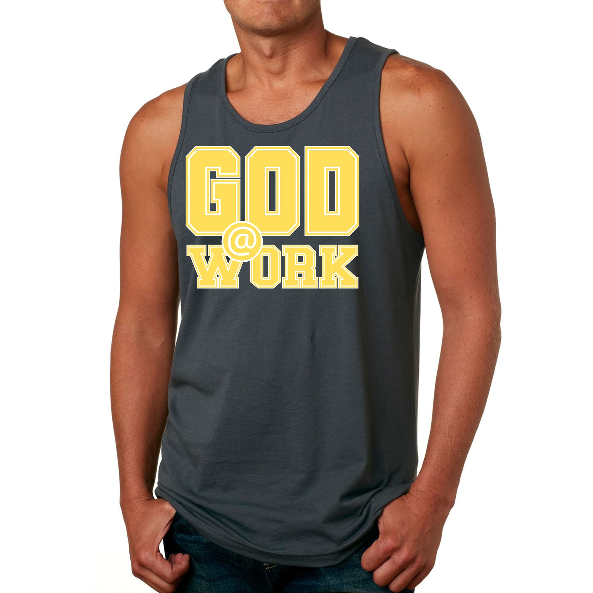 Mens Fitness Tank Top Graphic T-shirt God @ Work Yellow and White