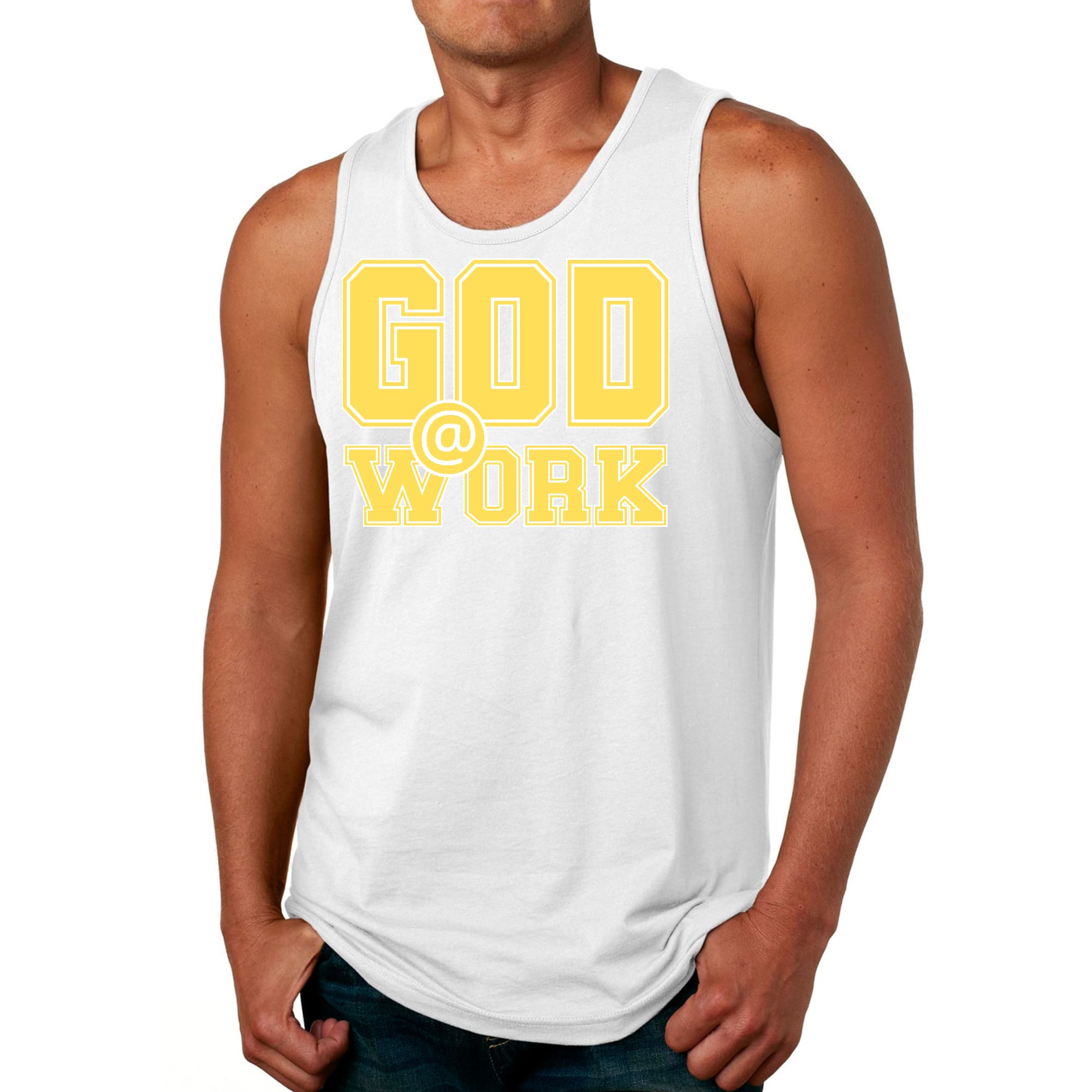 Mens Fitness Tank Top Graphic T-shirt God @ Work Yellow and White