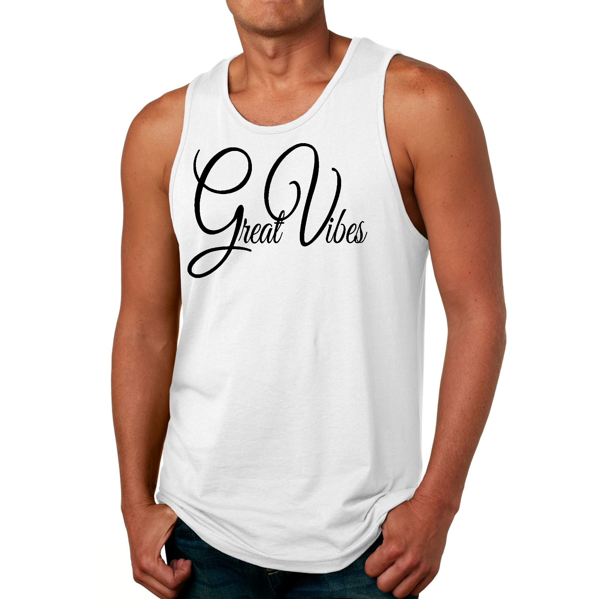 Mens Fitness Tank Top Graphic T-shirt Great Vibes Black Illustration