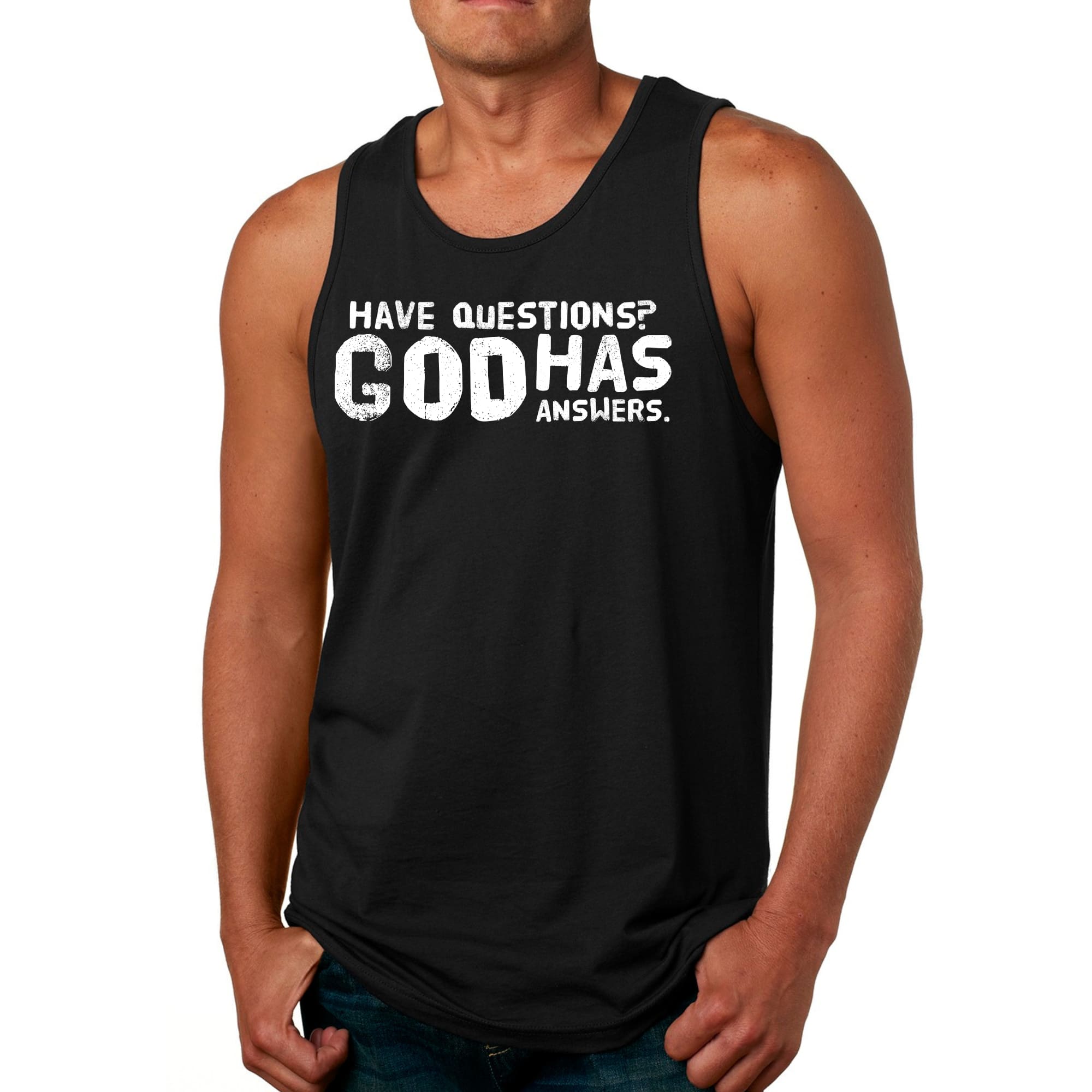 Mens Fitness Tank Top Graphic T-shirt have Questions God has Answers