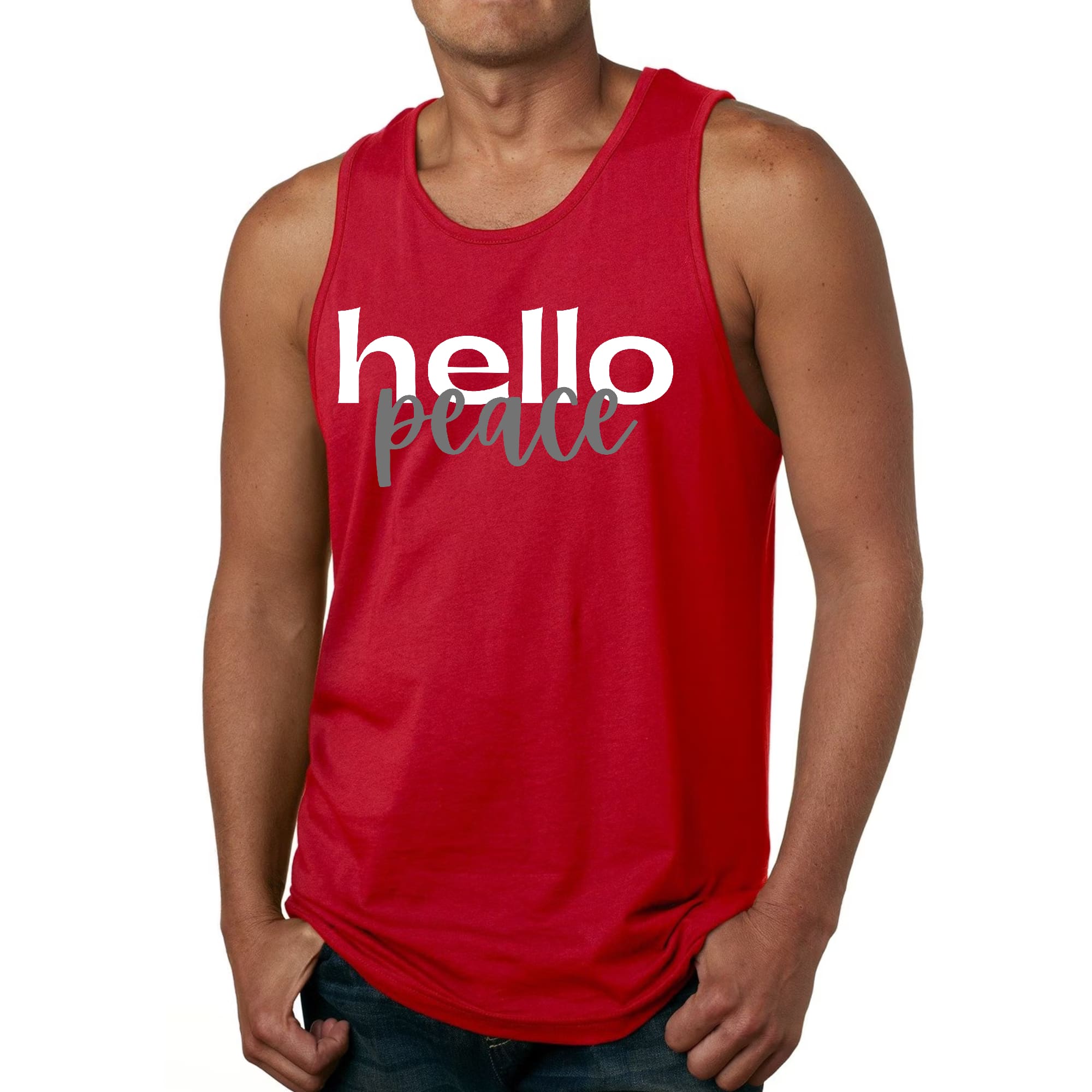 Mens Fitness Tank Top Graphic T-shirt Hello Peace White and Gray