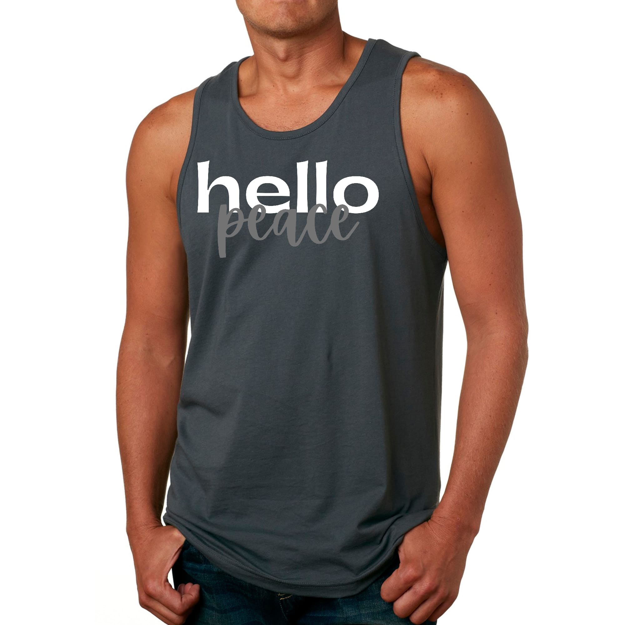 Mens Fitness Tank Top Graphic T-shirt Hello Peace White and Gray