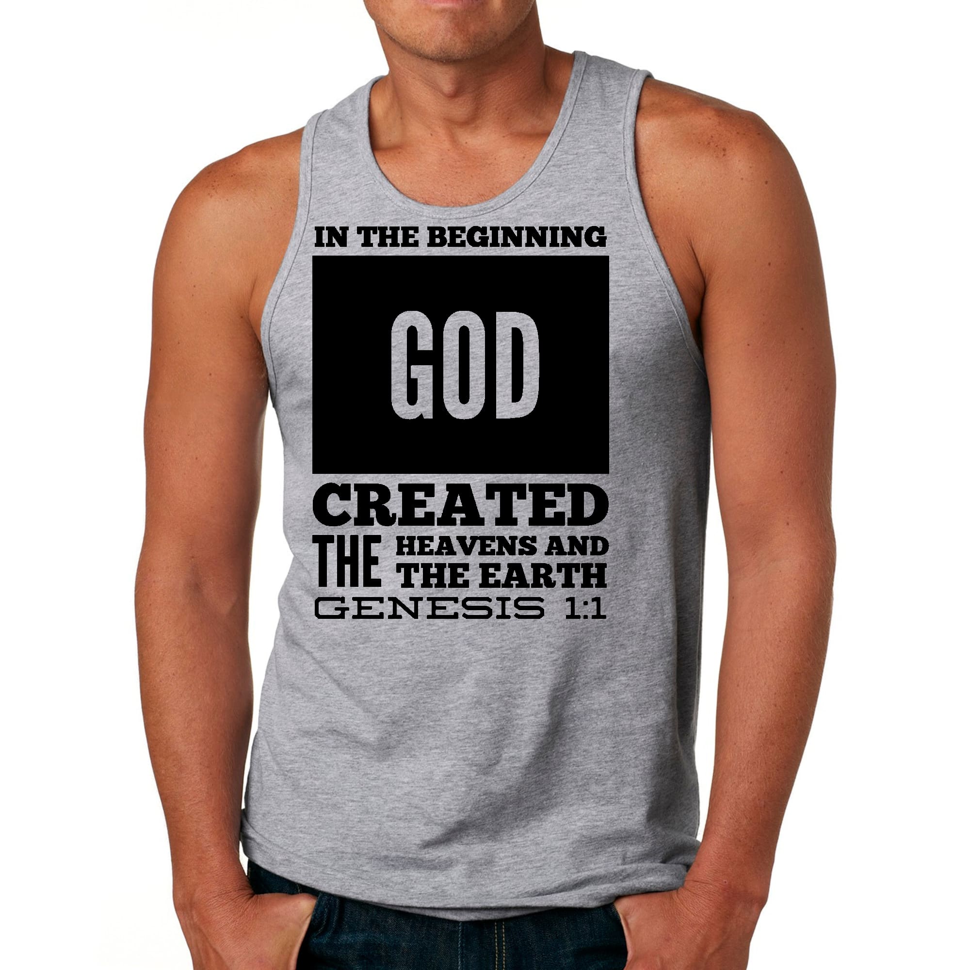 Mens Fitness Tank Top Graphic T-shirt in the Beginning Print